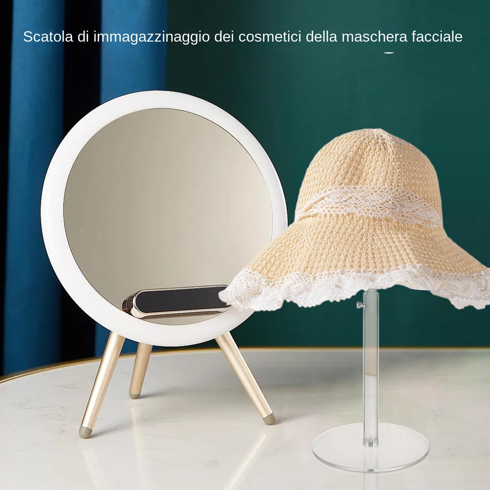 Acrylic Hat Stand - 40cm Adjustable Holder | Clear Domed Pedestal, Decorative Height Adjustable Storage for Fedora Wigs and Jewelry Display on Bedroom Dresser Closet Table and Boutique