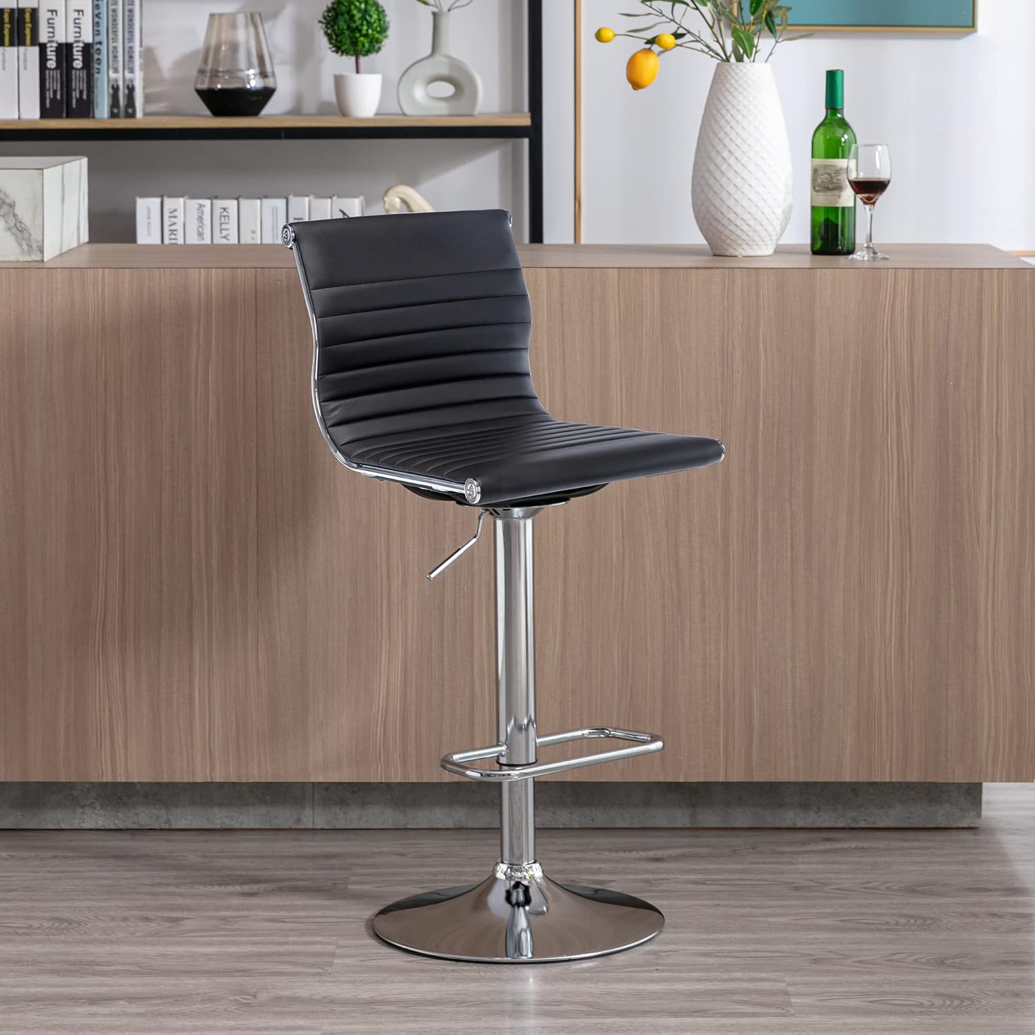 chairus Modern Swivel Bar Stools Chairs Set of 2, Adjustable Counter Height Barstools Armless PU Leather Stools with Footrest and Back Handle for Living Room Kitchen Island, Chrome Base, Black - 2PCS
