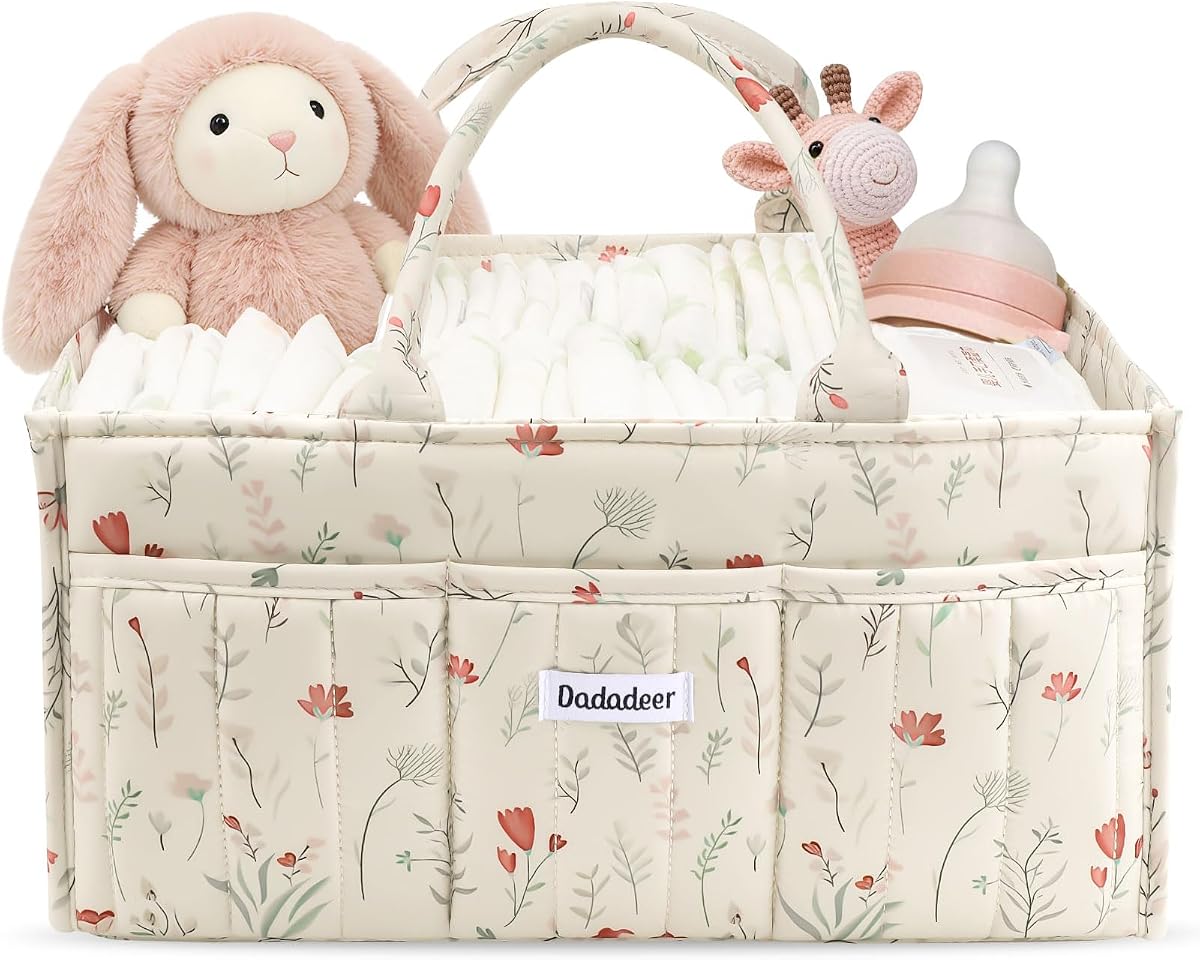 Quilted Floral Diaper Caddy Organizer, Nursery Storage Basket with Dividers | Waterproof Caddy with Sturdy Handles, Portable for Changing Table or Car, Newborn Essentials, Baby Shower Gifts