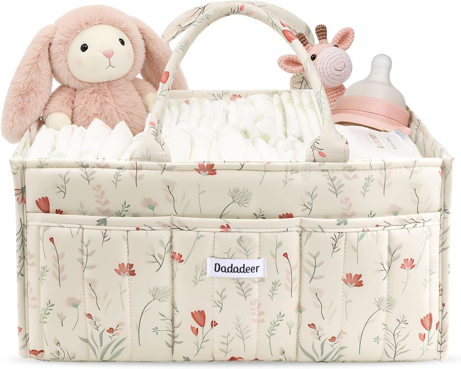 Baby Diaper Caddy Organizer, Portable Nursery Storage Basket for Newborn Essentials, Changing Table & Car Caddy Organizer, Gift for Baby Shower, Registry Must-Have for Boy Girl, Floral Beige