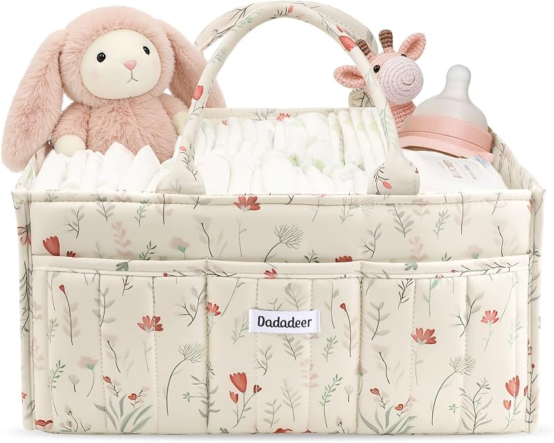 Quilted Floral Diaper Caddy Organizer, Nursery Storage Basket with Dividers | Waterproof Caddy with Sturdy Handles, Portable for Changing Table or Car, Newborn Essentials, Baby Shower Gifts