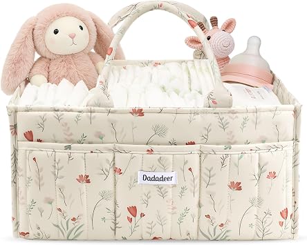 Baby Diaper Caddy Organizer, Portable Nursery Storage Basket for Newborn Essentials, Changing Table & Car Caddy Organizer, Gift for Baby Shower, Registry Must-Have for Boy Girl, Floral Beige
