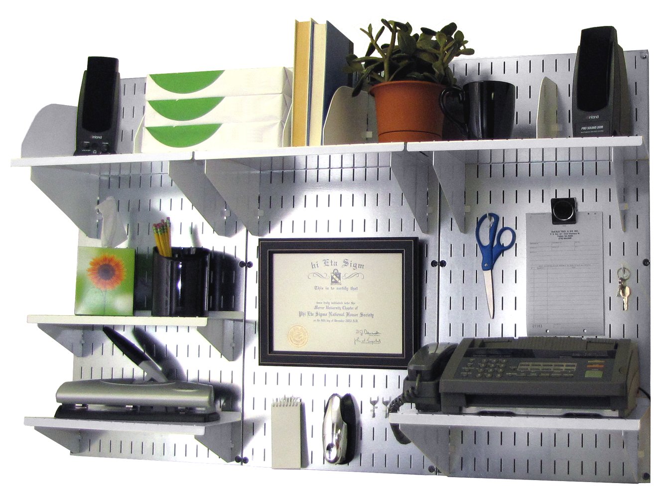 Wall Control Office Organizer Unit Wall Mounted Office Desk Storage and Organization Kit Metallic Slotted Wallboards and White Accessories