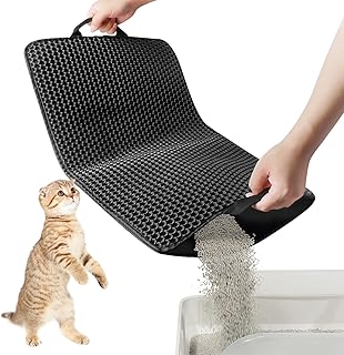 PETSTAY Cat Litter Mat Kitty Litter Trapping Mat with Handles,26" X 17" Litter Box Mat Honeycomb Double Layer Waterproof Urine Proof Cat Mat, Scatter Control Easy Clean,Washable, Black