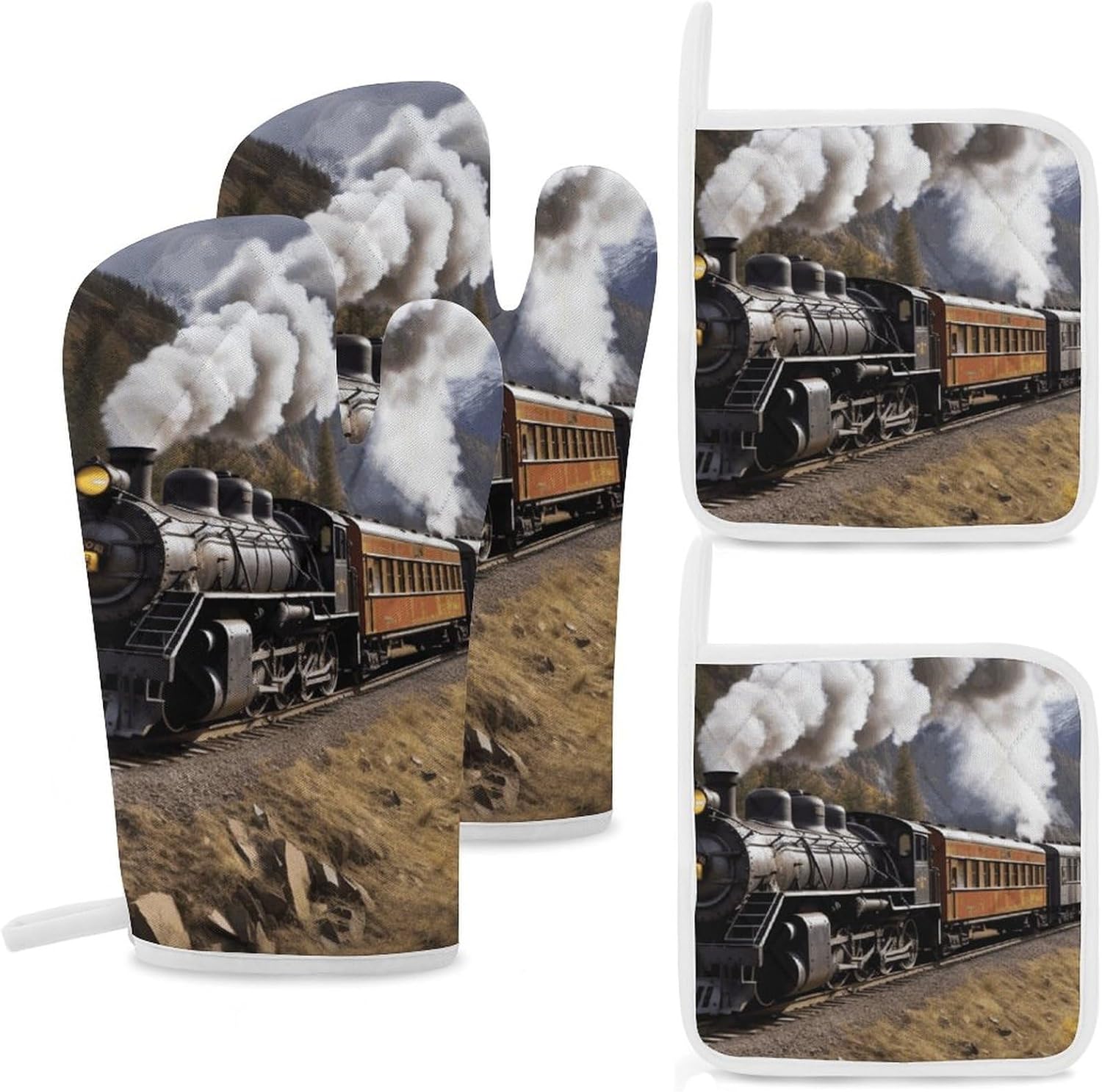 4-Piece Oven Mitts and Pot Holders Set Steam Locomotive Train Printed Heat-Resistant Polyester Kitchen Gloves and Potholders Comfortable & Durable for Cooking Baking and Grilling