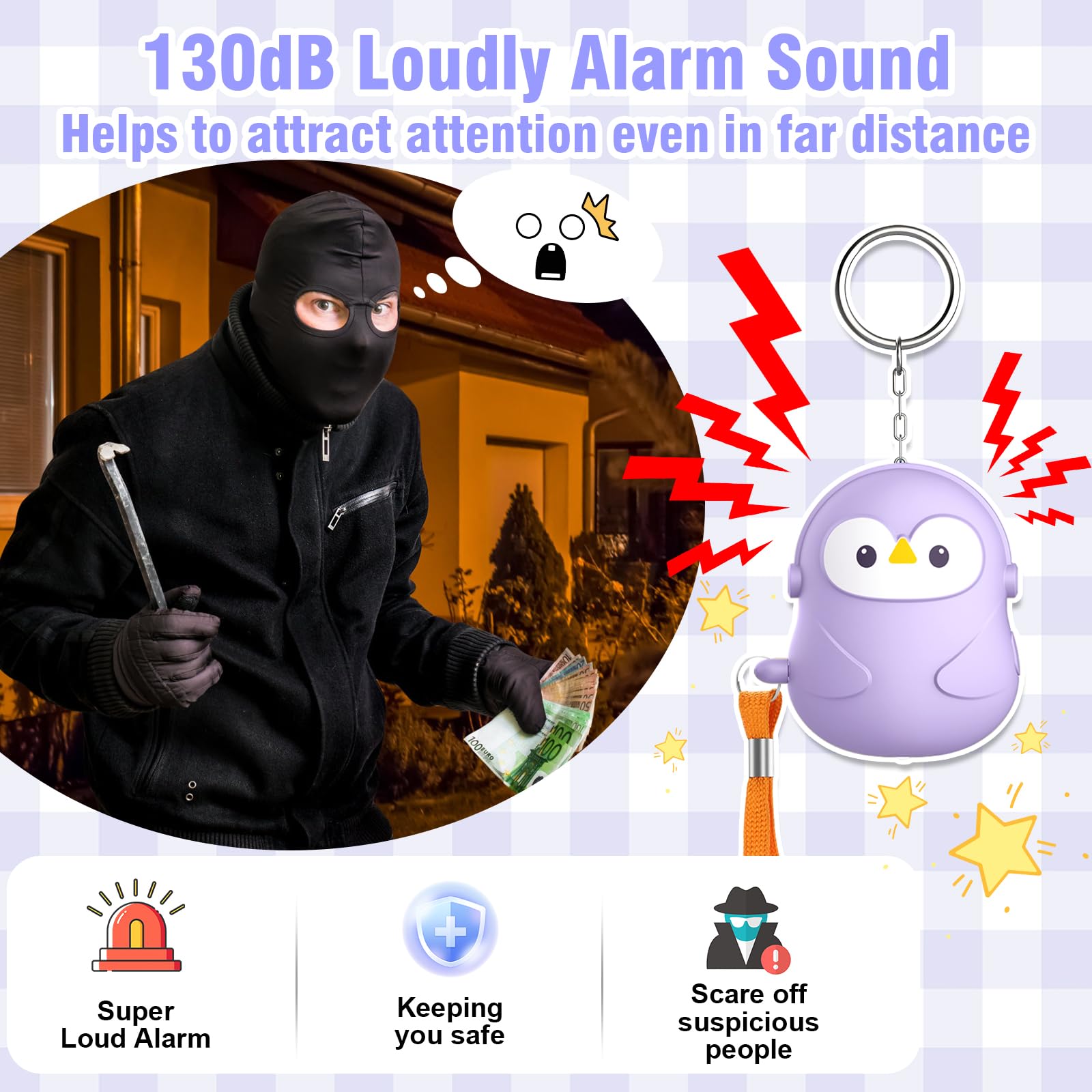 Alarma Personal 130 dB para Mujeres, Alarma de Emergencia para Defensa Personal, Llavero Antiviolación y Sirena con Luz LED para Hombres Ancianos Niños