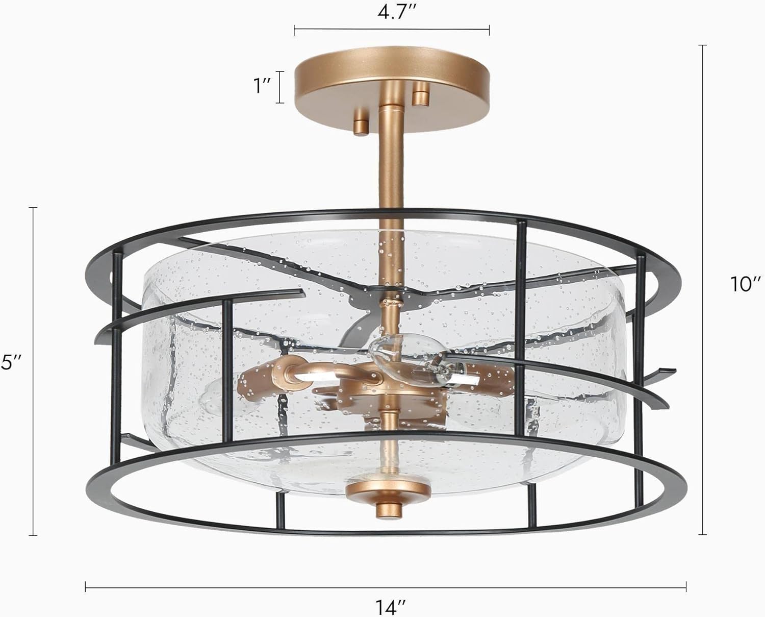 ZEVNI Modern Drum Light Fixture, 3-Light Black Gold Semi Flush Mount Ceiling Light with Seeded Glass Shade for Bedroom, Hallway, Foyer, Kitchen, Dining Room, 14" Dia