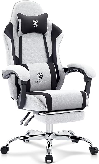 Gaming Chair Breathable Fabric,Computer Office Chair with Footrest,Massage Lumbar Support and Gel Pad,Ergonomic Reclining Adjustable Gamer Chair with Headrest and Spring Cushion Grey Black | Breathable Fabric,Gel Pad,Ergonomic,Spring Cushion,High Bac