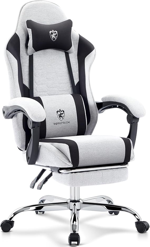 Gaming Chair Breathable Fabric,Computer Office Chair with Footrest,Massage Lumbar Support and Gel Pad,Ergonomic Reclining Adjustable Gamer Chair with Headrest and Spring Cushion Grey Black