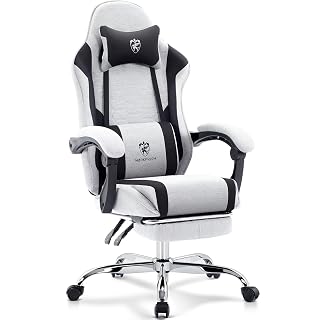 Gaming Chair Breathable Fabric,Computer Office Chair with Footrest,Massage Lumbar Support and Gel Pad,Ergonomic Reclining Adjustable Gamer Chair with Headrest and Spring Cushion Grey Black - Amazon product rated Grade A