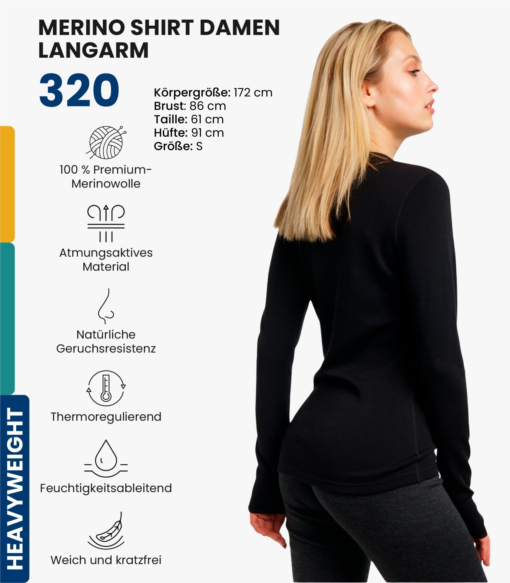 Merino.tech 100% Merino Shirt Damen Langarm + Wollsocken (X-Small, 320 Black)