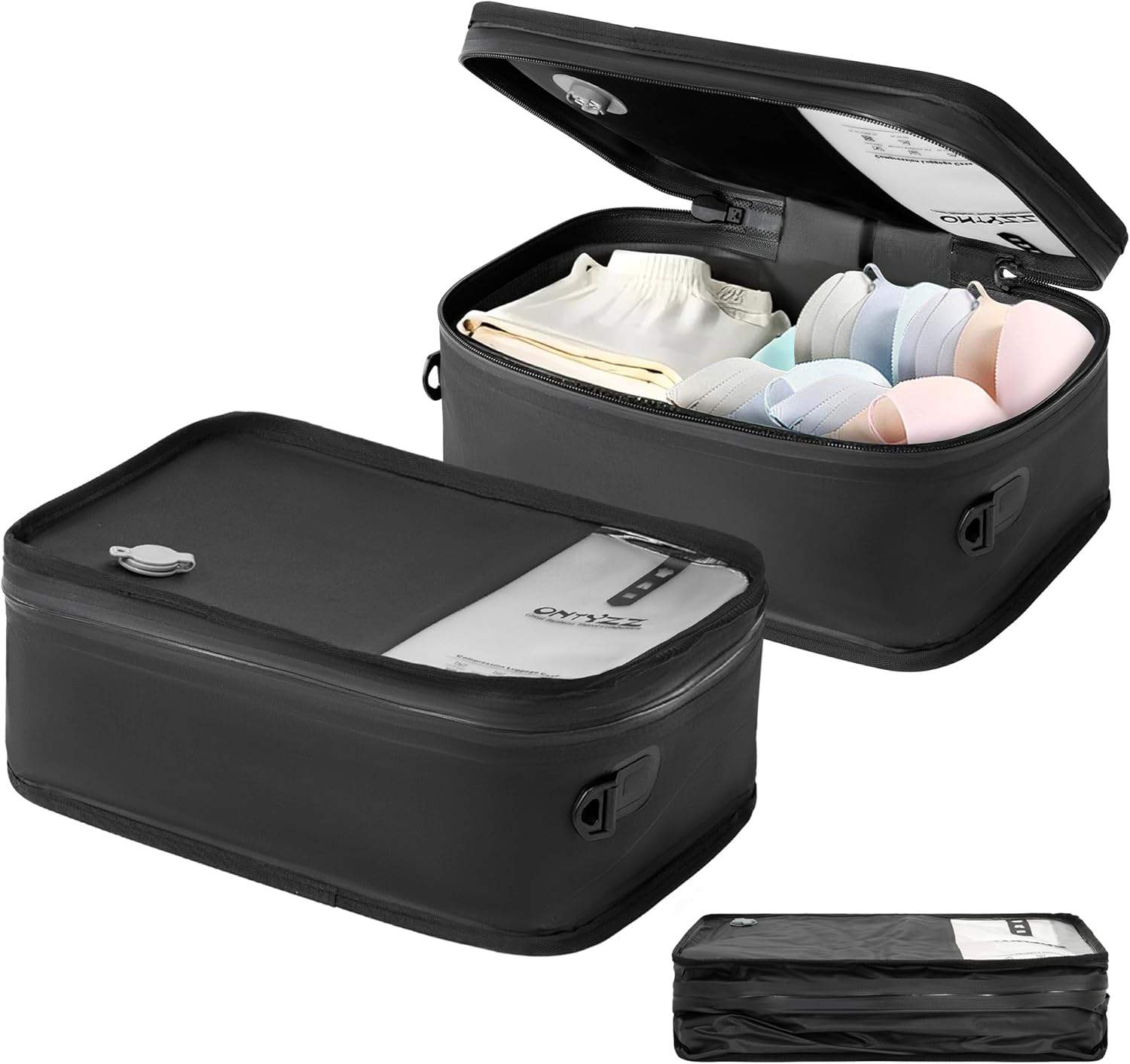 ONTYZZ Travel Vacuum Compression Bags 12 inch Space Saver Bags Vacuum Travel Case with IP67 Waterproof Zipper for Socks, Underwear, Two Bag Black