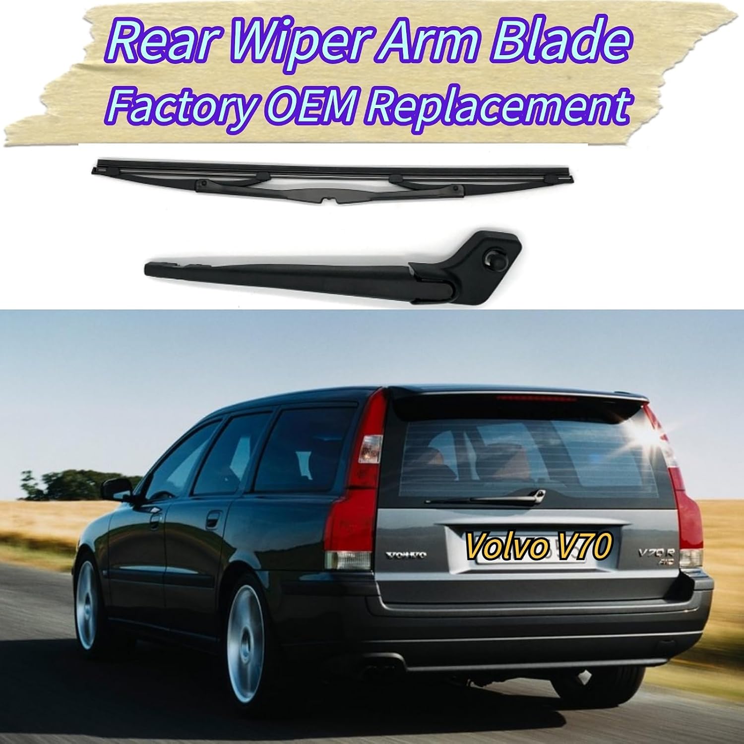 Rear Wiper Blade & Arm Replacement for Volvo V70 2003 2002 2001 - OEM Fit for 2.4T AWD Base T5 X/C Models - All-Season Coated Rubber Rear Back Windshield Wiper Blade Set