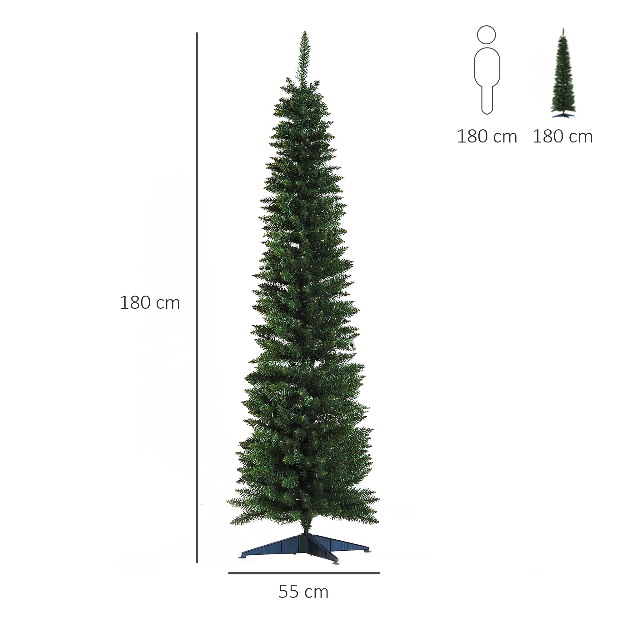 HOMCOM Árbol de Navidad Estrecho 180 cm, Árbol Artificial con 390 Ramas, Base de Plástico Desmontable, Fácil Montaje, para Salón Interior, Verde
