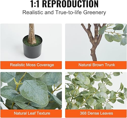 Miniatura 4 de VEVOR Árbol de eucalipto artificial, planta sintética de 6 pies de alto, material de polietileno seguro y protección de inclinación anti-punta,
