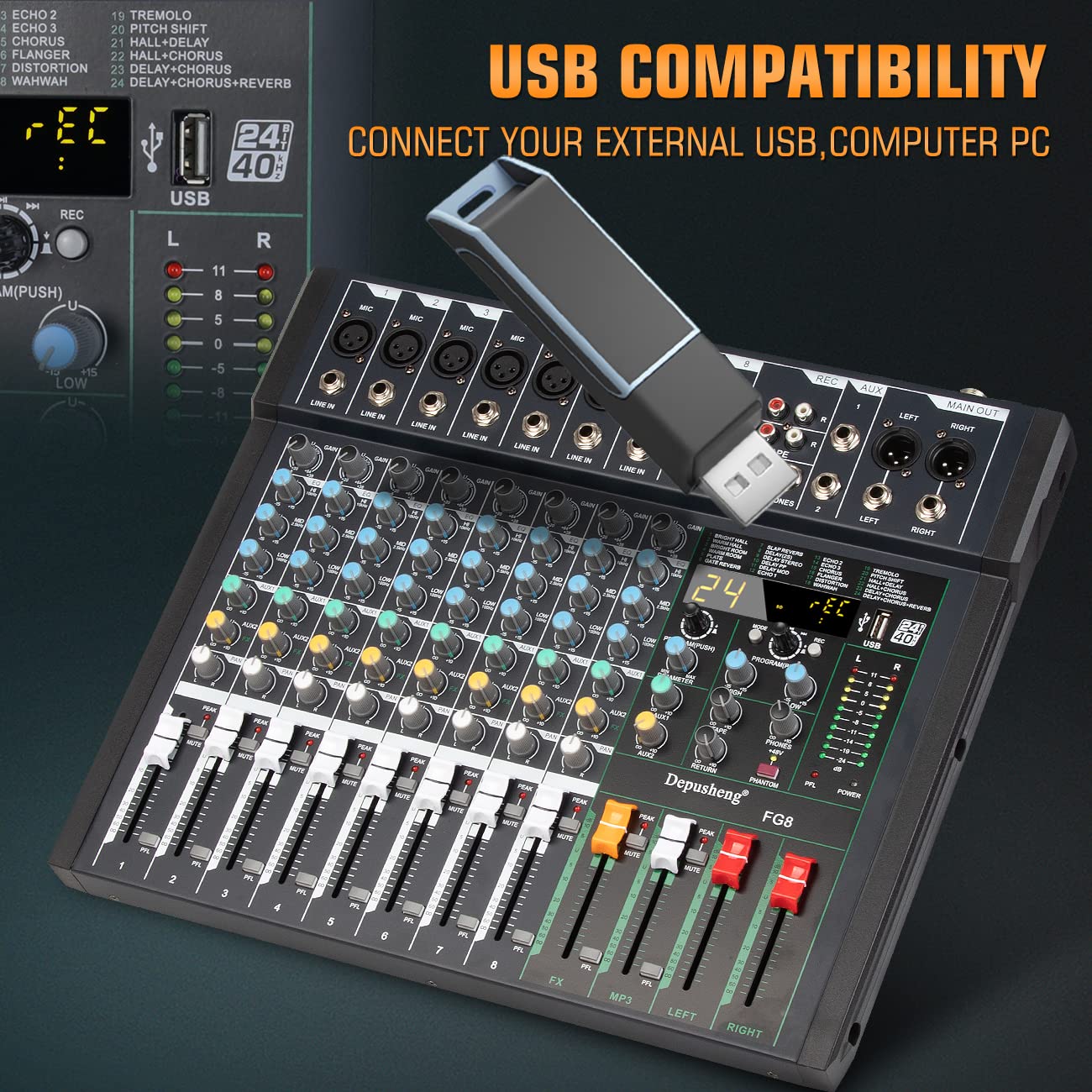 Depusheng FG8 Table de mixage audio professionnelle 8 canaux pour enregistrement sur ordinateur Interface de contrôleur de son 24 effets DSP intégrés avec alimentation fantôme 48 V, MP3, Bluetooth
