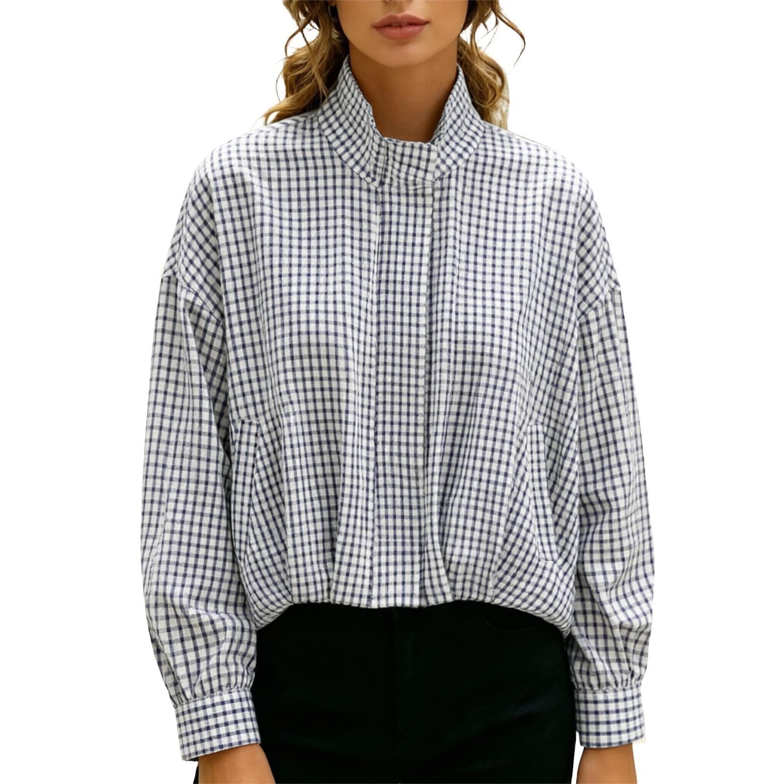 Women's Checked Bomber Jacket Stand-Up Collar Long Sleeve Flight Loose Cut Transition, Leisure Jacket For Autumn, Winter, Tops, Trendy Y2k Streetwear