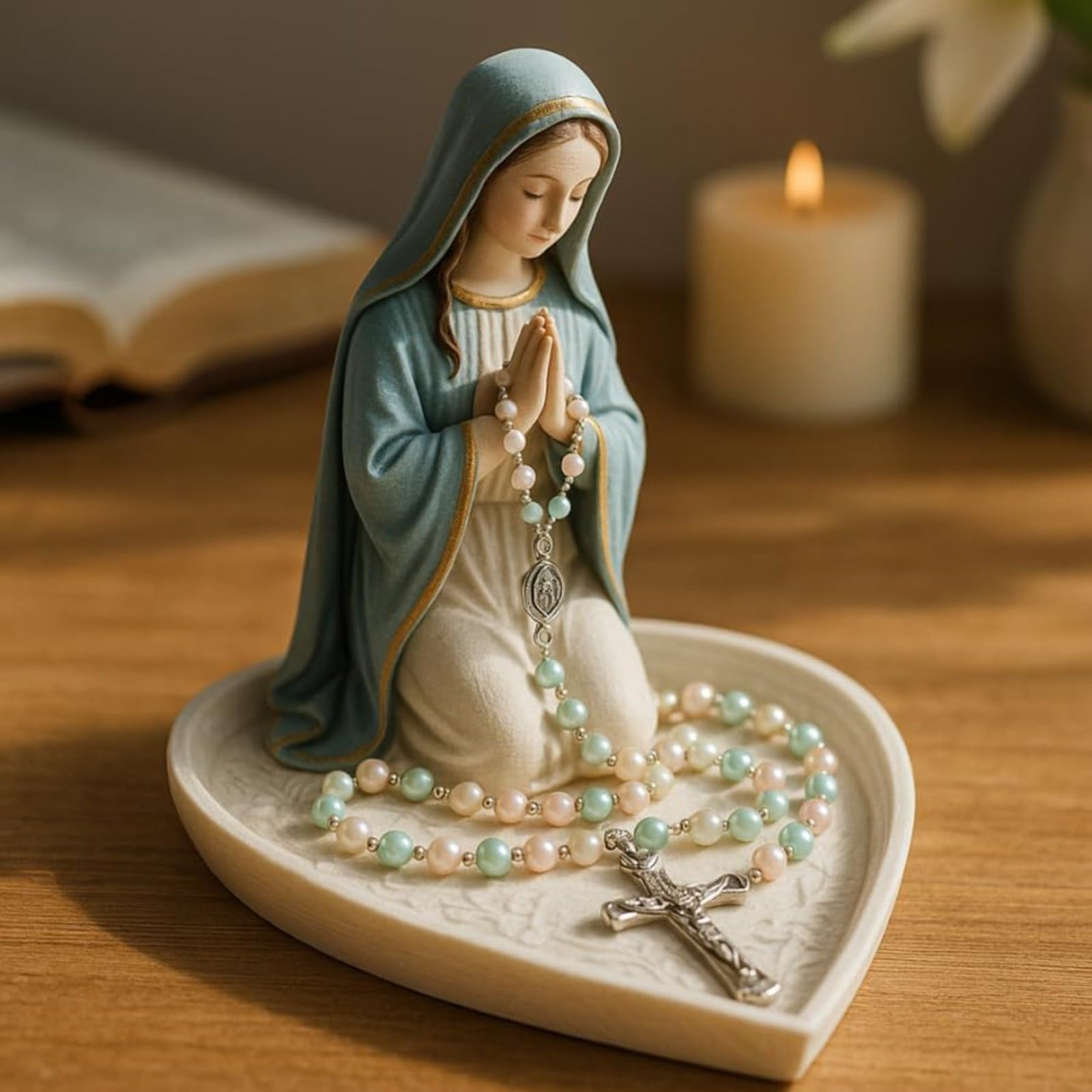 Virgen María Rosario de Resina Figura Religiosa 15x15 cm Decoración Hogar