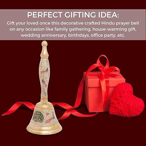 Miniatura 9 de Hashcart Campana de mano de latón  Campana Puja para Mandir  Pooja Ghanti indio para decoraciones de templos Diwali  Campanas de Navidad coloridas