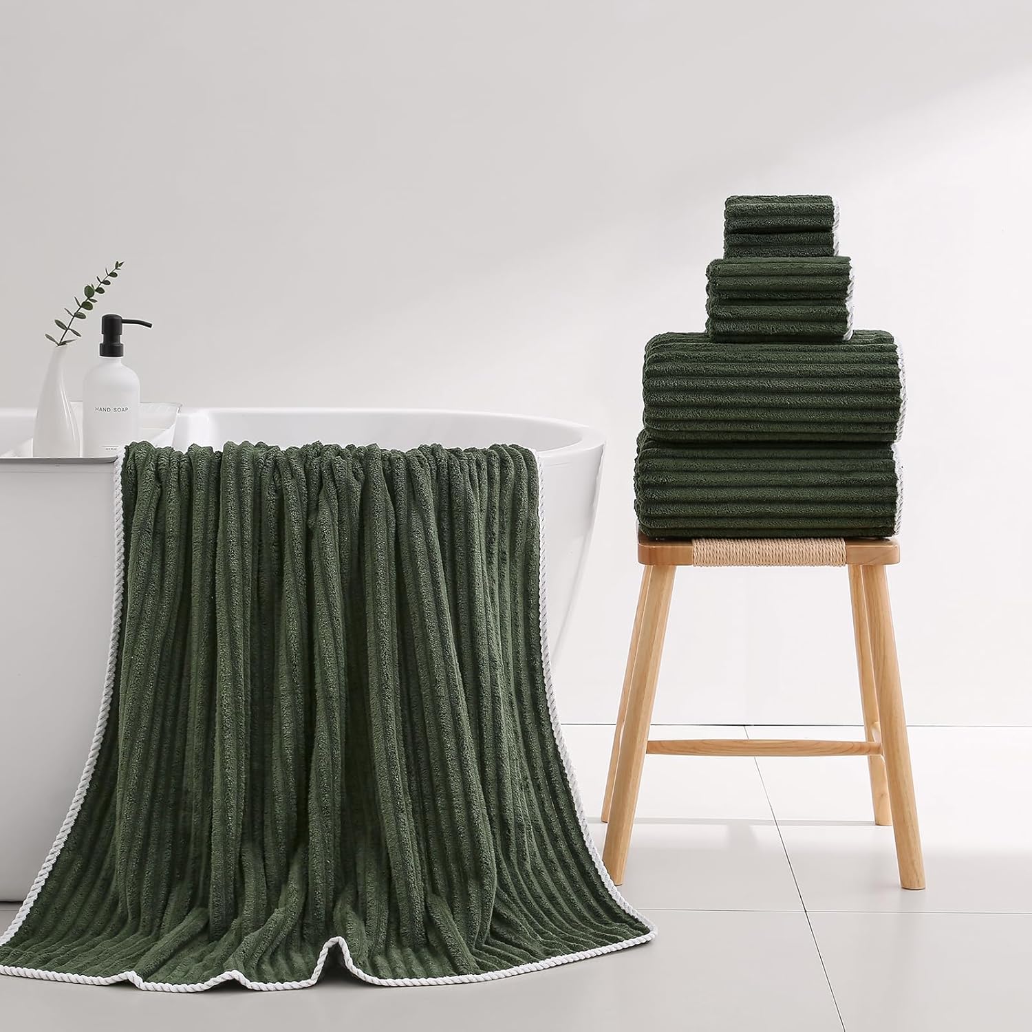 XIQ 39x79 Inches Bath Sheets Extra Large Bath Towels for Adults Luxury Super Soft Absorbent Striped with Hanging Loop Microfiber Shower Towels for Bathroom(Olive Green, 2PCS) - Image 4