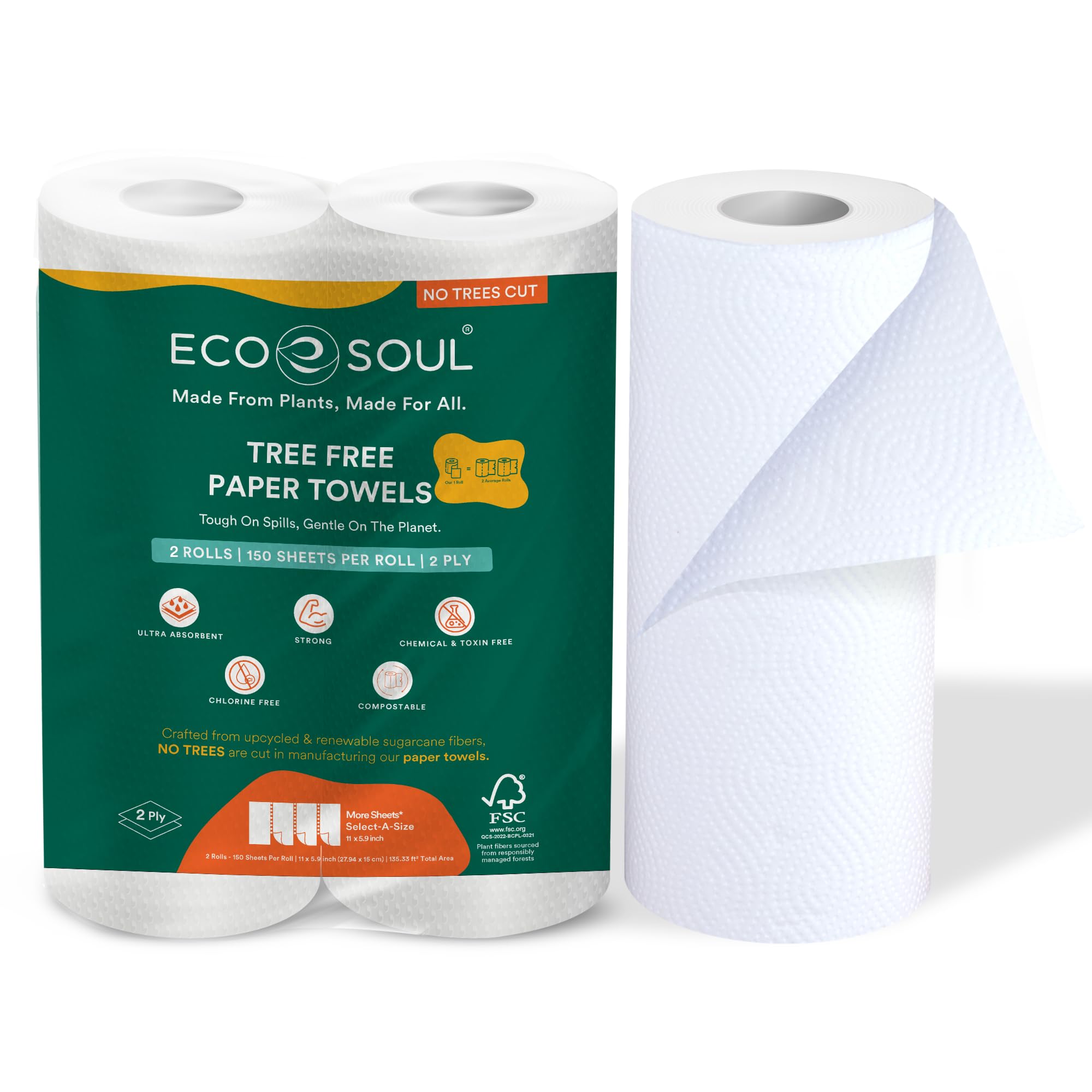 ECO SOUL [2 Ply, 120 Pulls] Tree-Free Kitchen Paper Towel Pack of 2 (60 Pulls Per Pack) Soft & Highly Absorbent Eco Friendly, Natural, Biodegradable Everyday Kitchen Paper Towel
