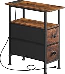HOOBRO End Table with Charging Station, Narrow Side Table with 2 Fabric Drawers, Skinny Nightstand with Storage, Slim Bedside Table for Living Room, Small Spaces, Black BB487UBZ01
