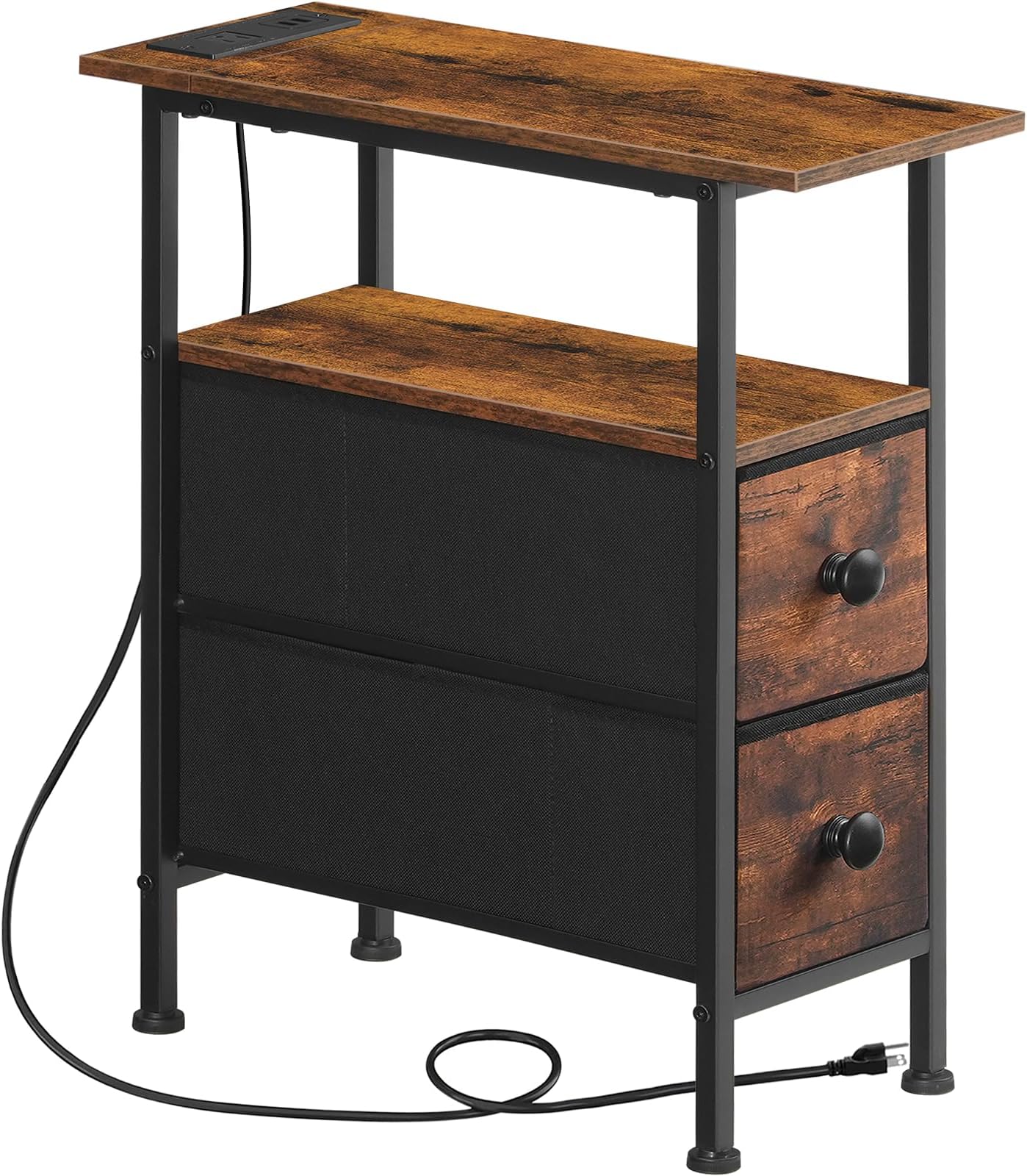 HOOBRO End Table with Charging Station, Narrow Side Table with 2 Fabric Drawers, Skinny Nightstand with Storage, Slim Bedside Table for Living Room, Small Spaces, Rustic Brown and Black BF487UBZ01