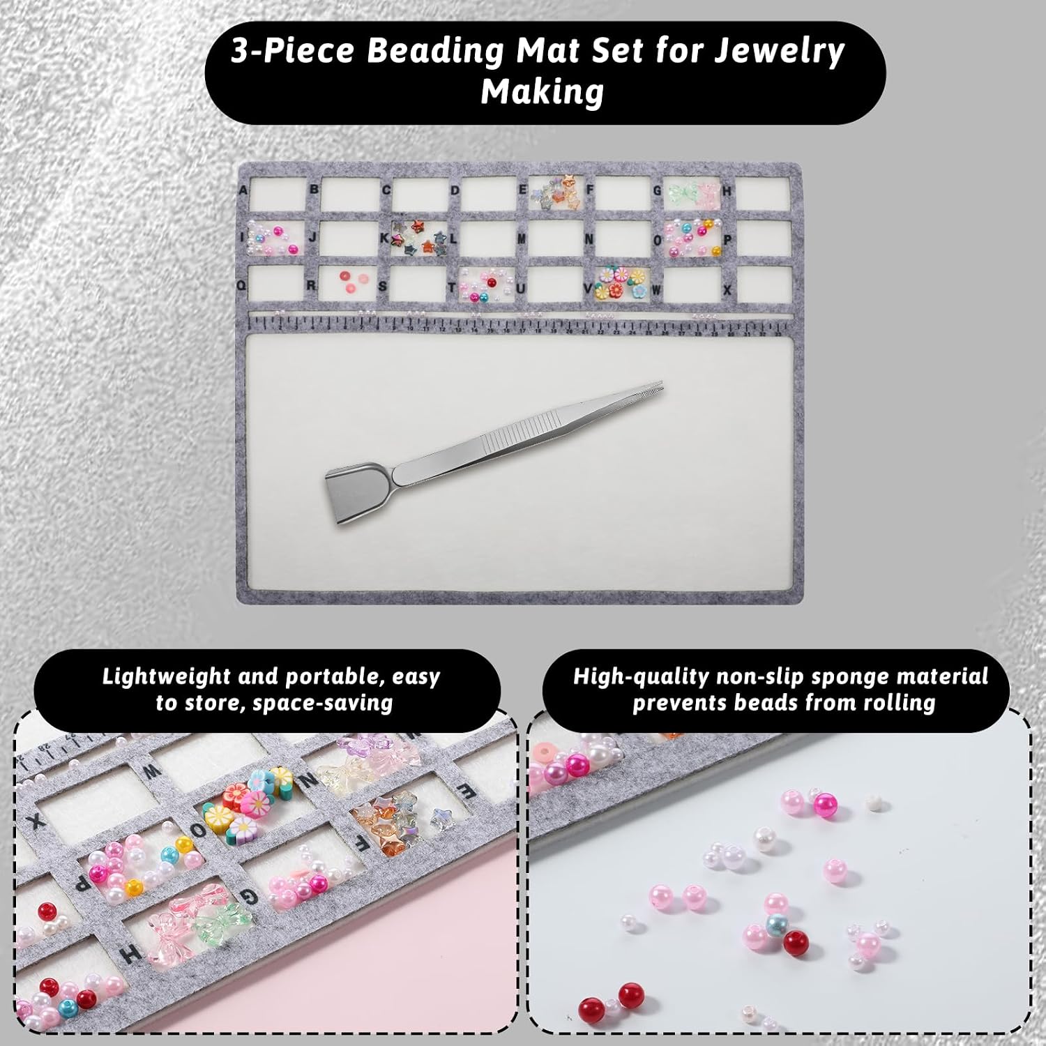 Beading Tray, Bead Tray for Jewelry Making with Bead Scoop Stainless Steel Tweezers with Scoop Surface Flocking Individual Grids Centimeter Alphabetic Scale for Art Crafts, 14.4x11 Inch