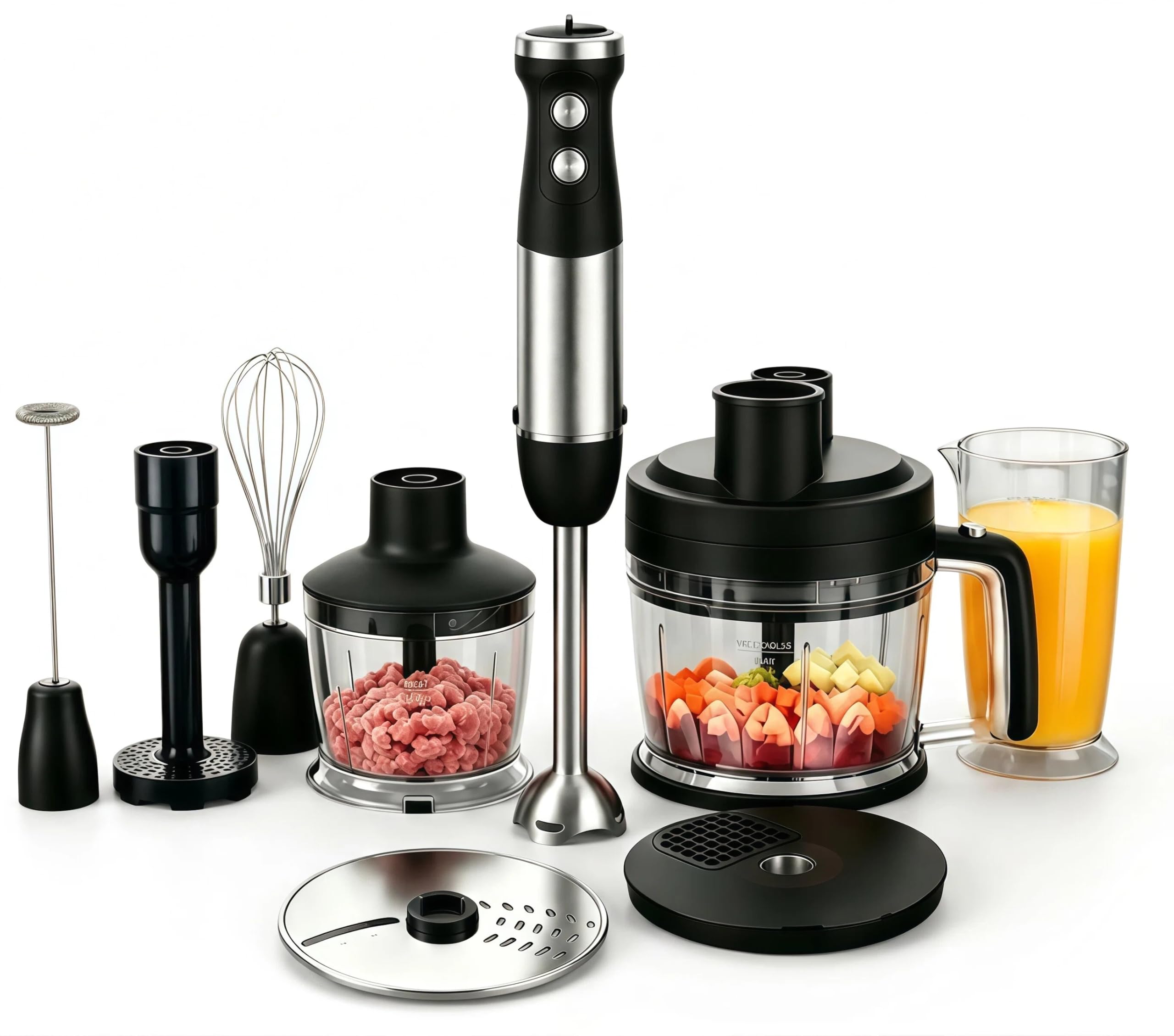 batidora de mano 9 en 1 1500W, Picadora 2L + batidor, gancho, picadora carne, triturador patatas, discos corte (dados, rodajas, rallar), espumador leche (Plata)