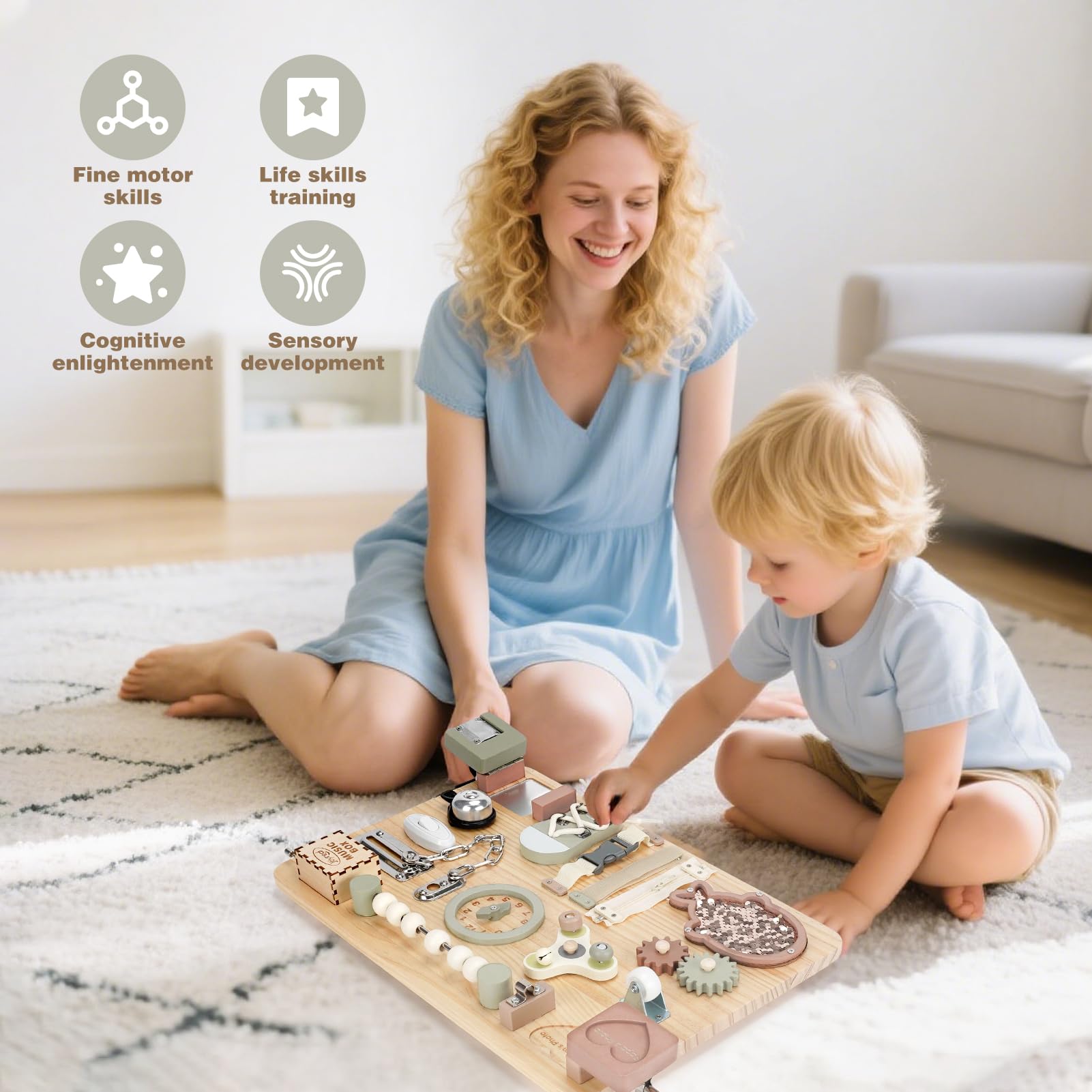 Joyreal Duża drewniana tablica aktywności dla maluchów - Tablica aktywności Montessori, sensoryczne zabawki, zabawka do gry, zabawka podróżna na samolot, zabawka na drobne umiejętności motoryczne