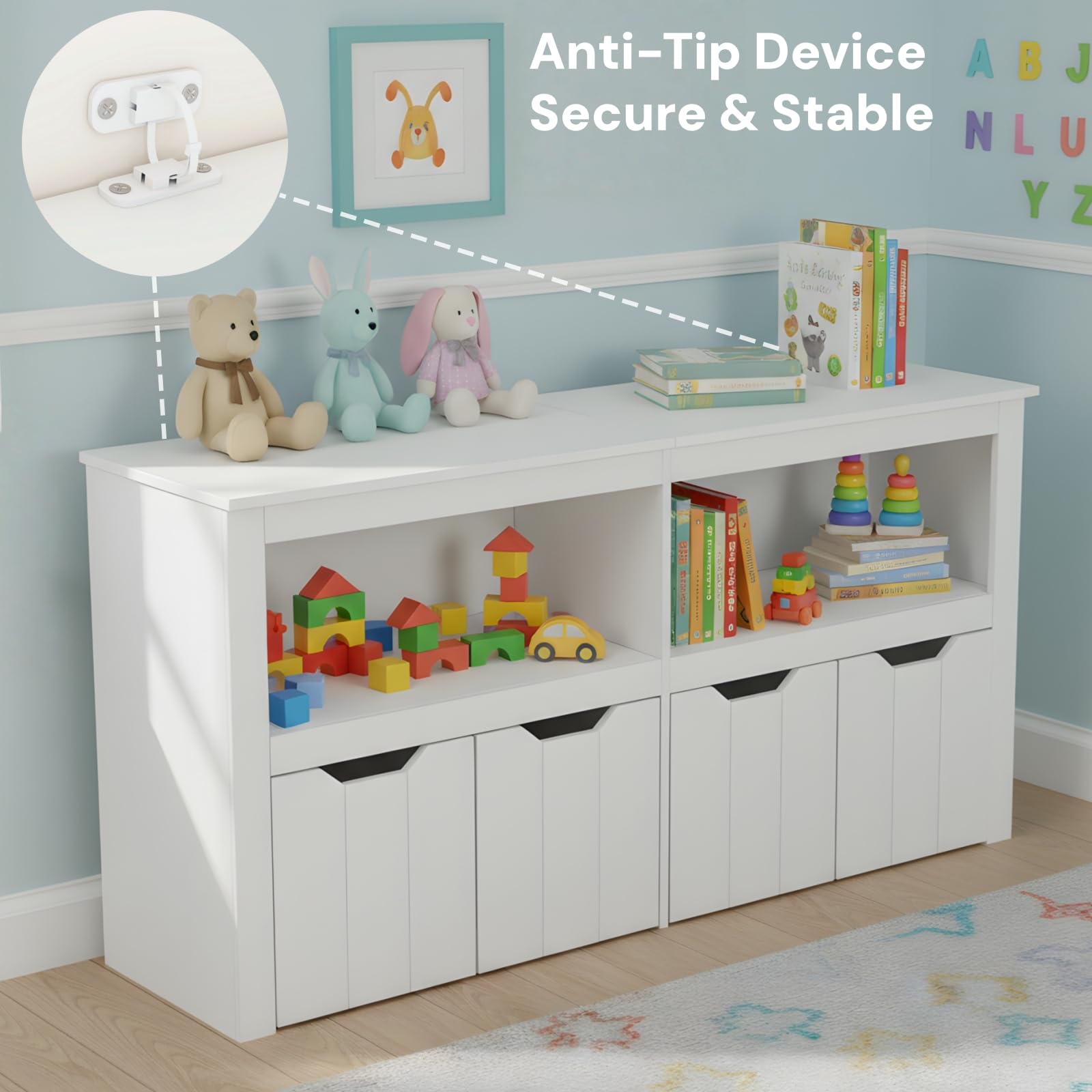 Meuble Rangement Enfant avec 2 Compartiments et 4 Tiroirs Roulants, Meuble de Rangement Jouets Enfant Bibliothèque pour Salon Chambre d’Enfant Salle de Jeu (Blanc, 120 x 33 x 61.5 cm)