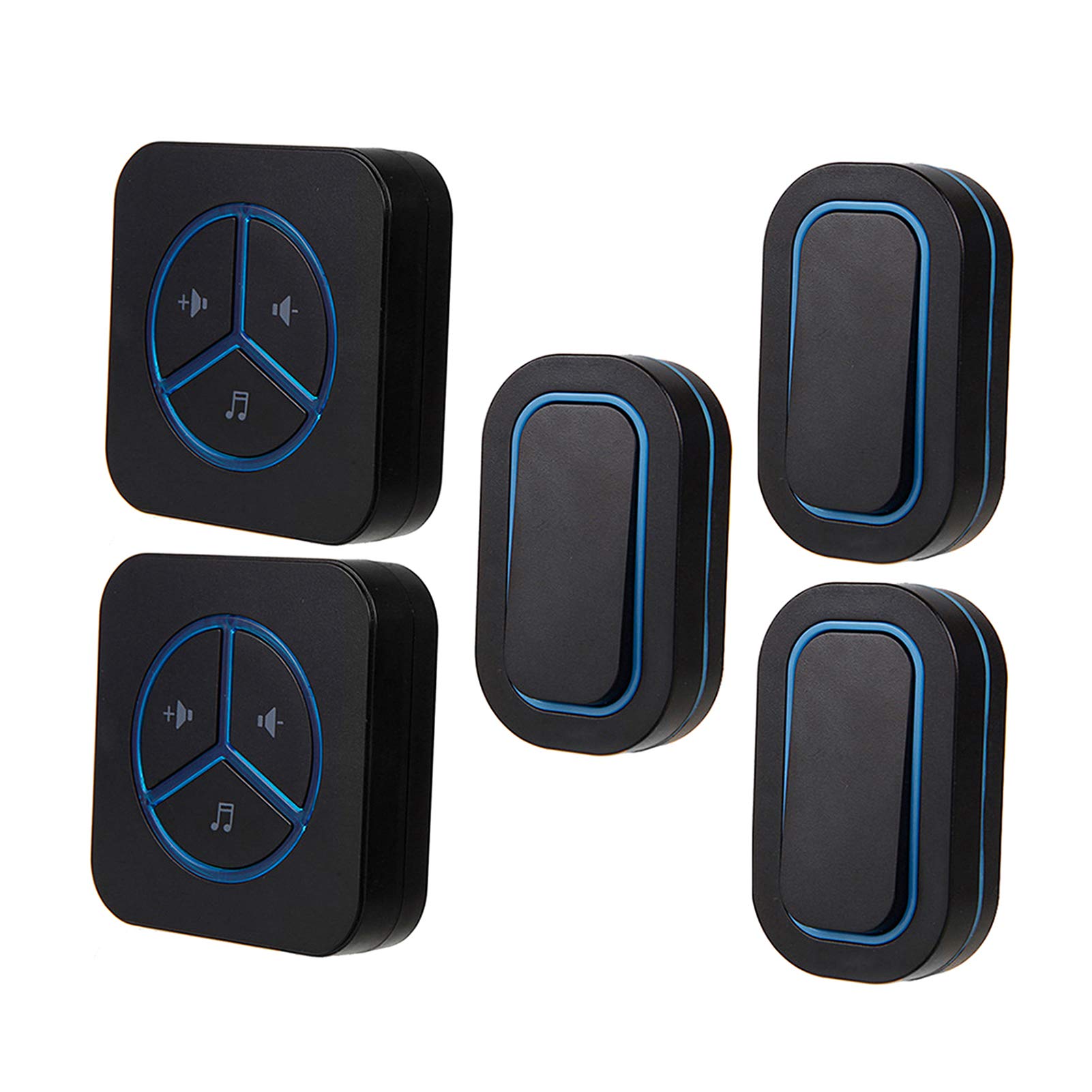 Timbre Inalámbrico con Alcance De 280 M, 48 Timbres, 6 Niveles De Volumen, Luz Led Intermitente, 2 Receptores, 3 Pulsadores Resistentes A La Intemperie, Color Negro.