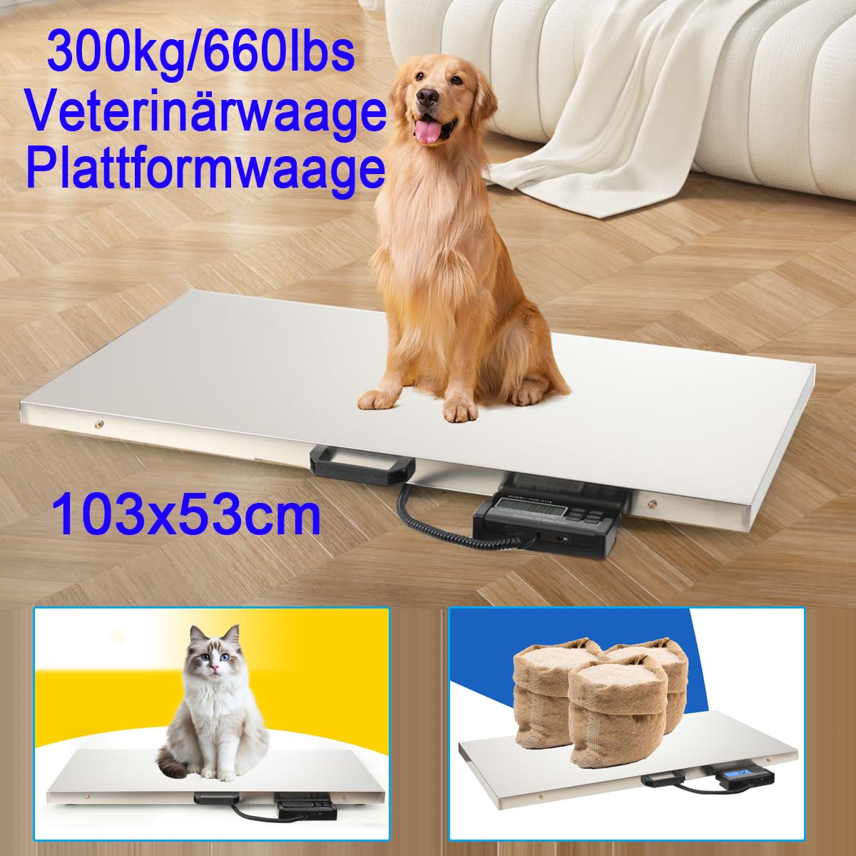 Veterinärwaage 103x53cm, 150kg/50g 300kg/100g Bodenwaage Plattformwaage, LCD Digitalwaage Große Tierwaage Hundewaage Paketwaage Haustierwaage