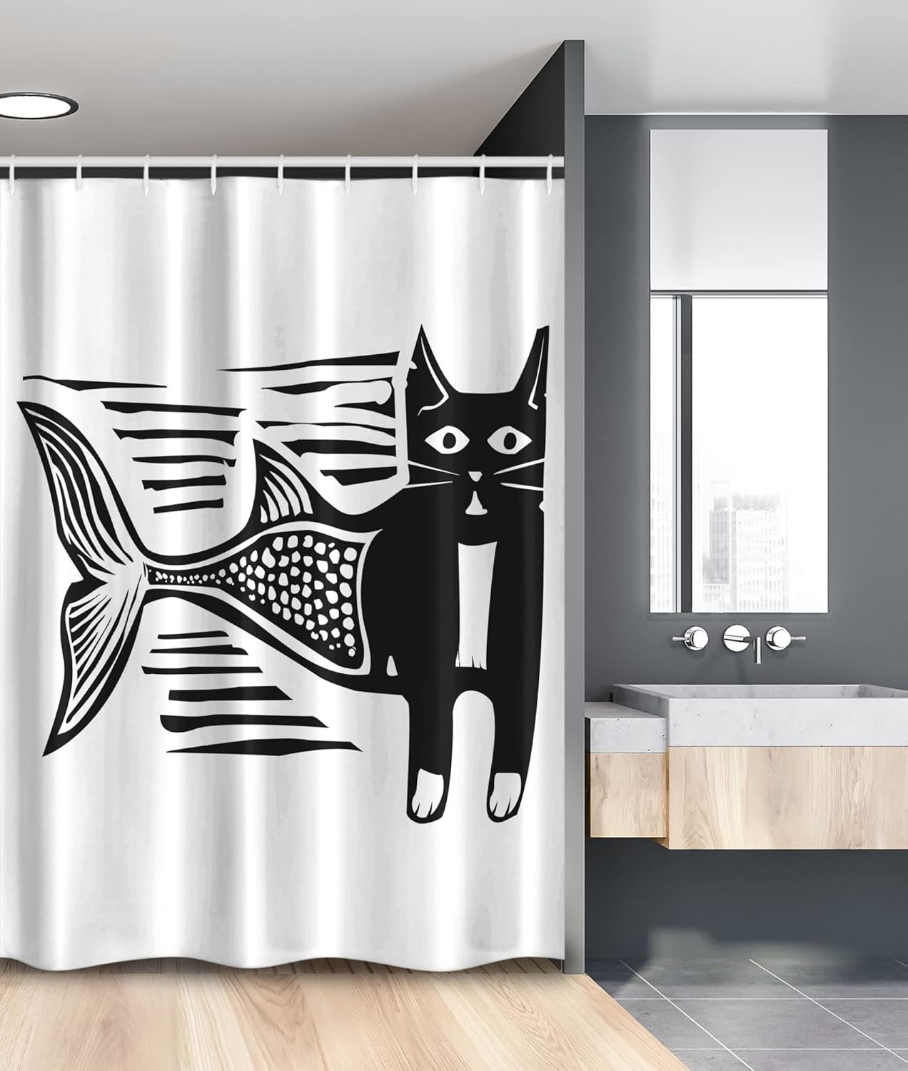 Ambesonne Underwater Stall Shower Curtain, Woodcut Style Image of a Catfish Mermaid Monochrome Comic Humorous Artwork, Fabric Bathroom Decor Set with Hooks, 36" W x 72" L, Black White