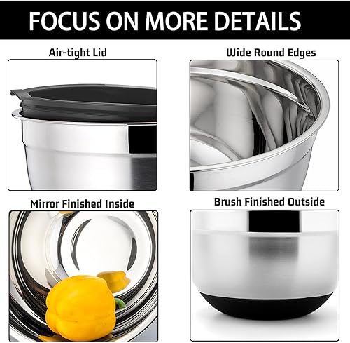 Miniatura 6 de P&P CHEF Juego de 6 cuencos negros para mezclar con tapa, de acero inoxidable, anidados, para mezclar y preparar alimentos, tamaño 0.7, 1, 1.5, 2,