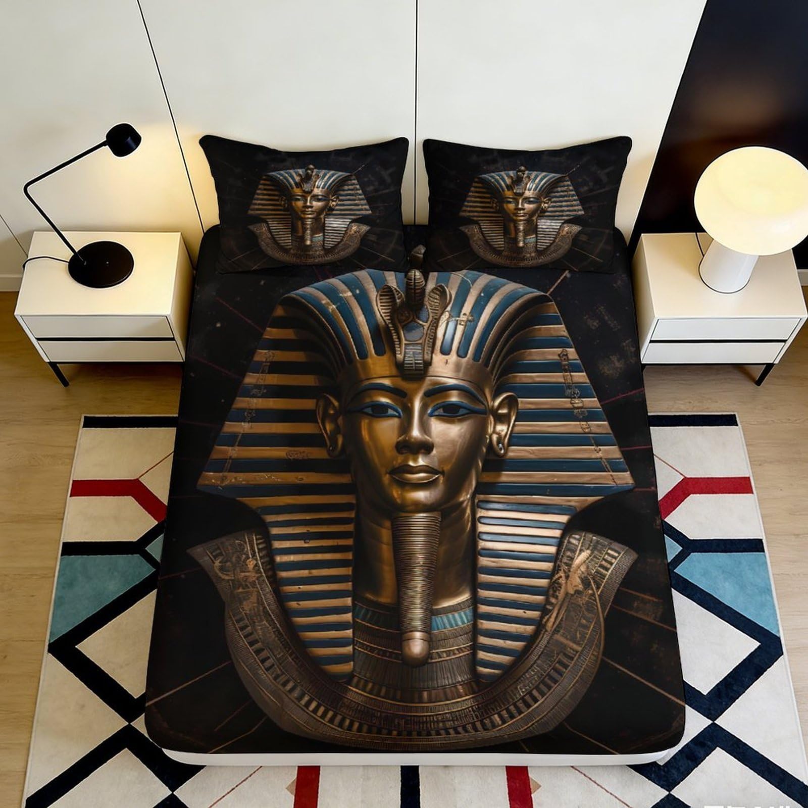 3D Printed Egyptian Pharaoh Fitted Sheet Microfiber Soft Black Gold Mask Bed Cover for Bedroom Guest Room Decor 90x200x25cm