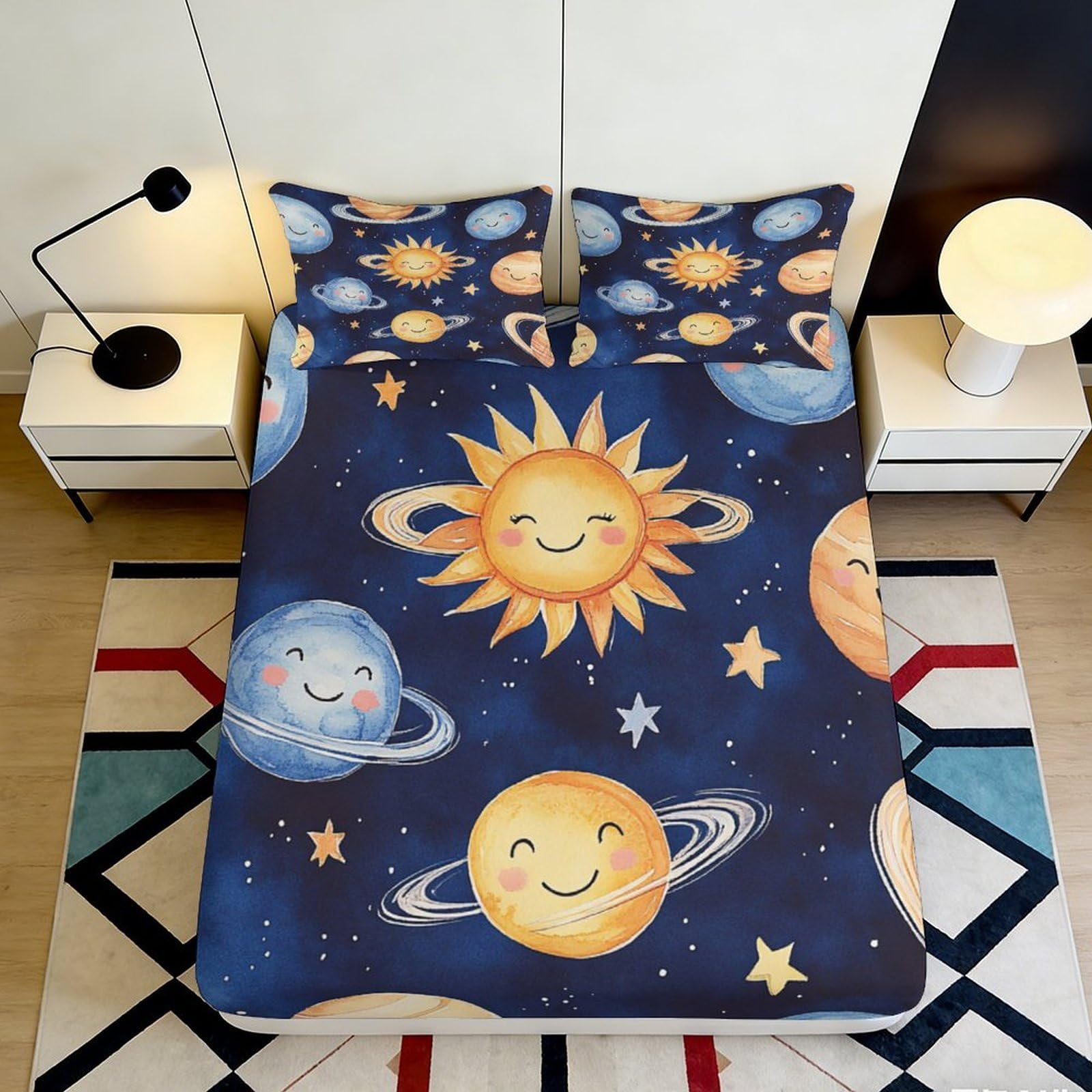 3D Printed Solar System Fitted Sheet Microfiber Soft Breathable Space Planets Mattress Cover for Bedroom Dormitory Guest Room Protection Decoration 160x200x25cm