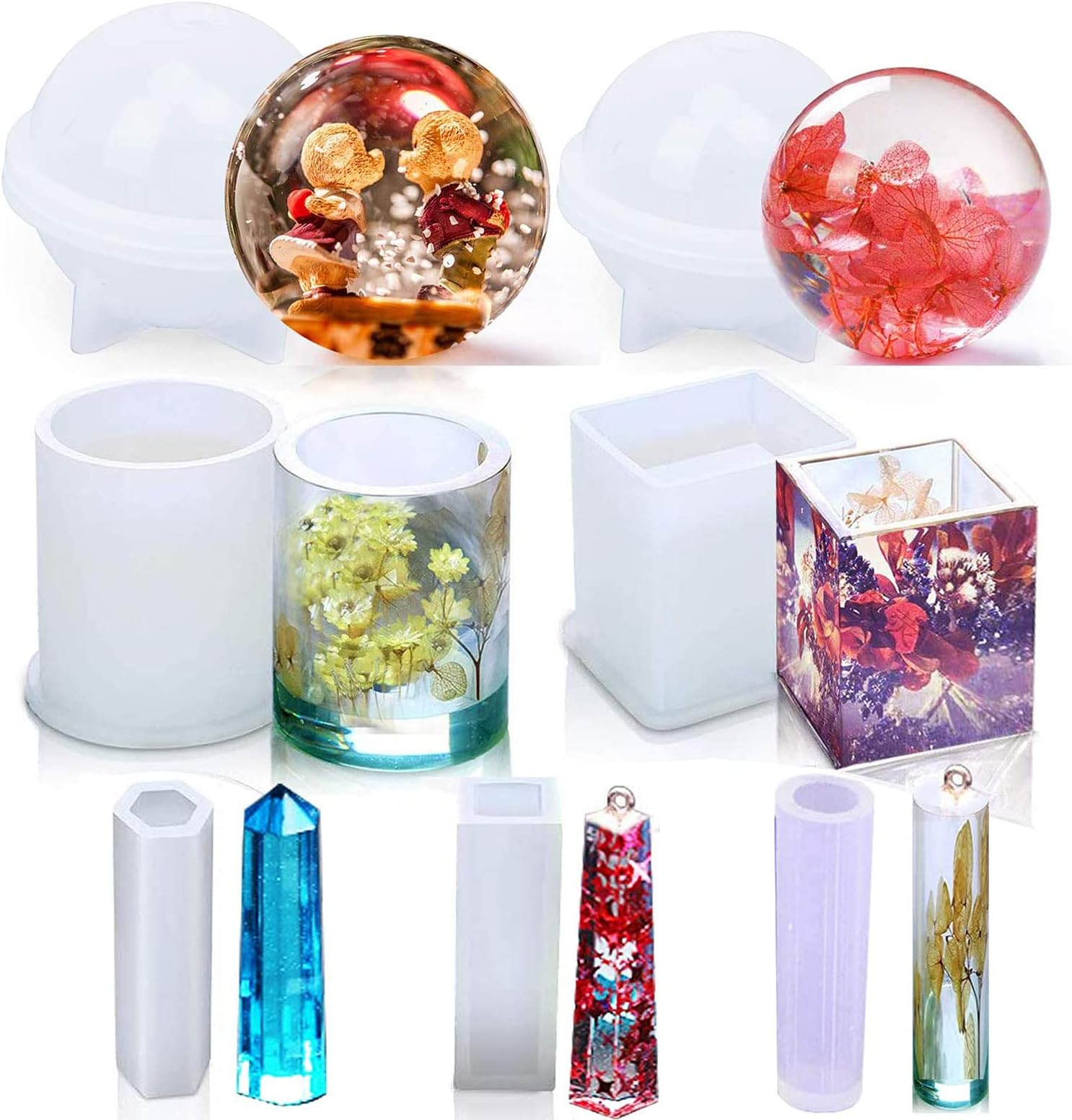 DELFINO 7Pcs Silicone Molds for Epoxy Resin Casting Art Include Circle Sphere Ball, Square Cube Cylinder, Pendant for DIY Jewelry Box Container Holder, Flower Pot/Pen/Candle Soap Holder
