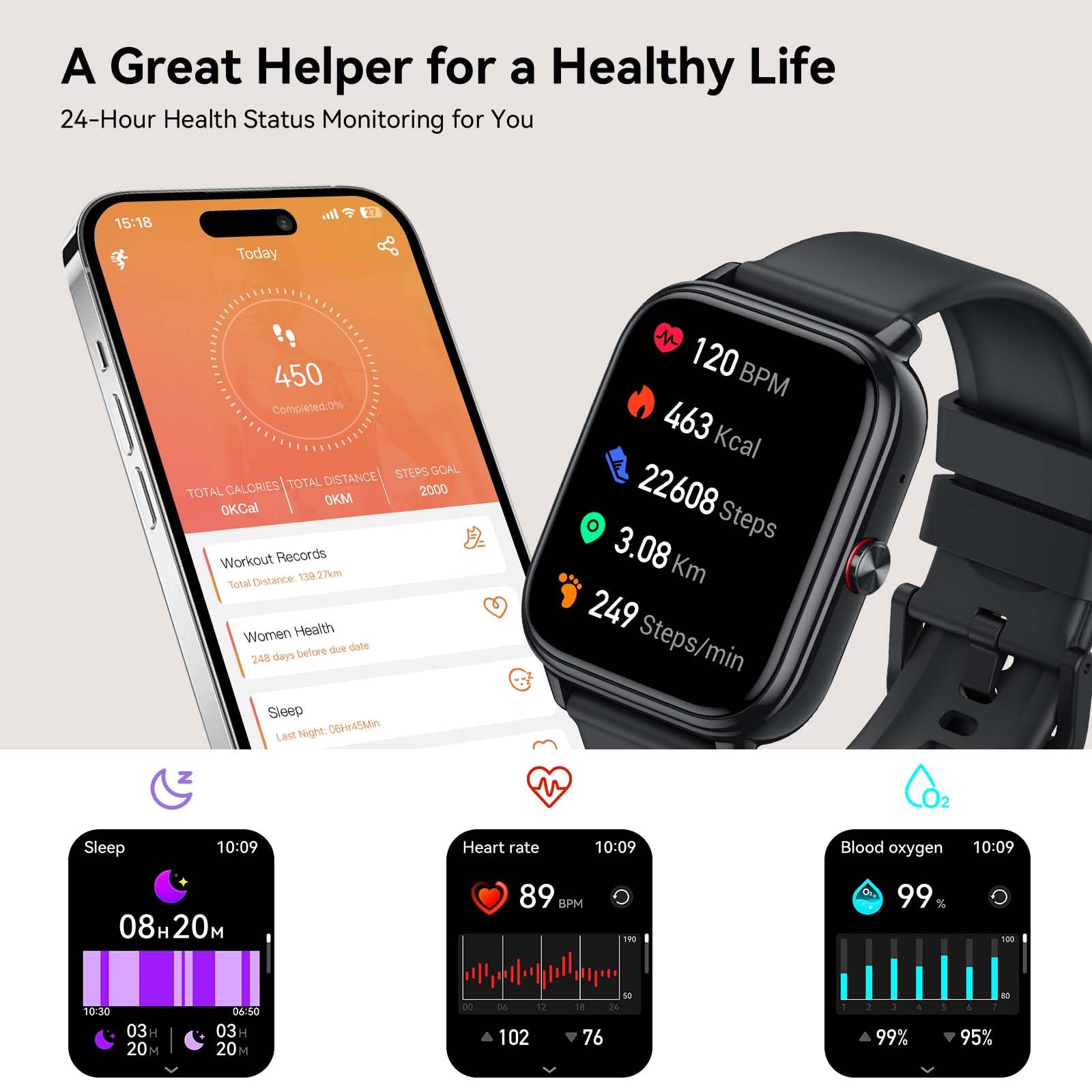 Smartwatch Uomo Donna, 1.83"HD Orologio con Chiamate Bluetooth, 110+ Modalità Sportive, Fitness Tracker con Batteria da 1000mAh, Autonomia 20 Giorni, Impermeabile IP68 Smartwatch per Android/iOS