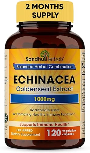 SANDHUHERBALS Sandhu Herbals Equinácea Goldenseal 1000 mg 120 cápsulas | Apoyo del sistema inmunológico Respuesta respiratoria Suplemento de