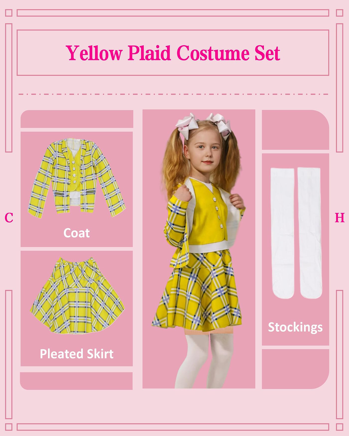 Koongso Cher Costume for Girls Movie Schoolgirl Fancy Dress, Yellow Plaid Coat Skirt Stockings - Image 3
