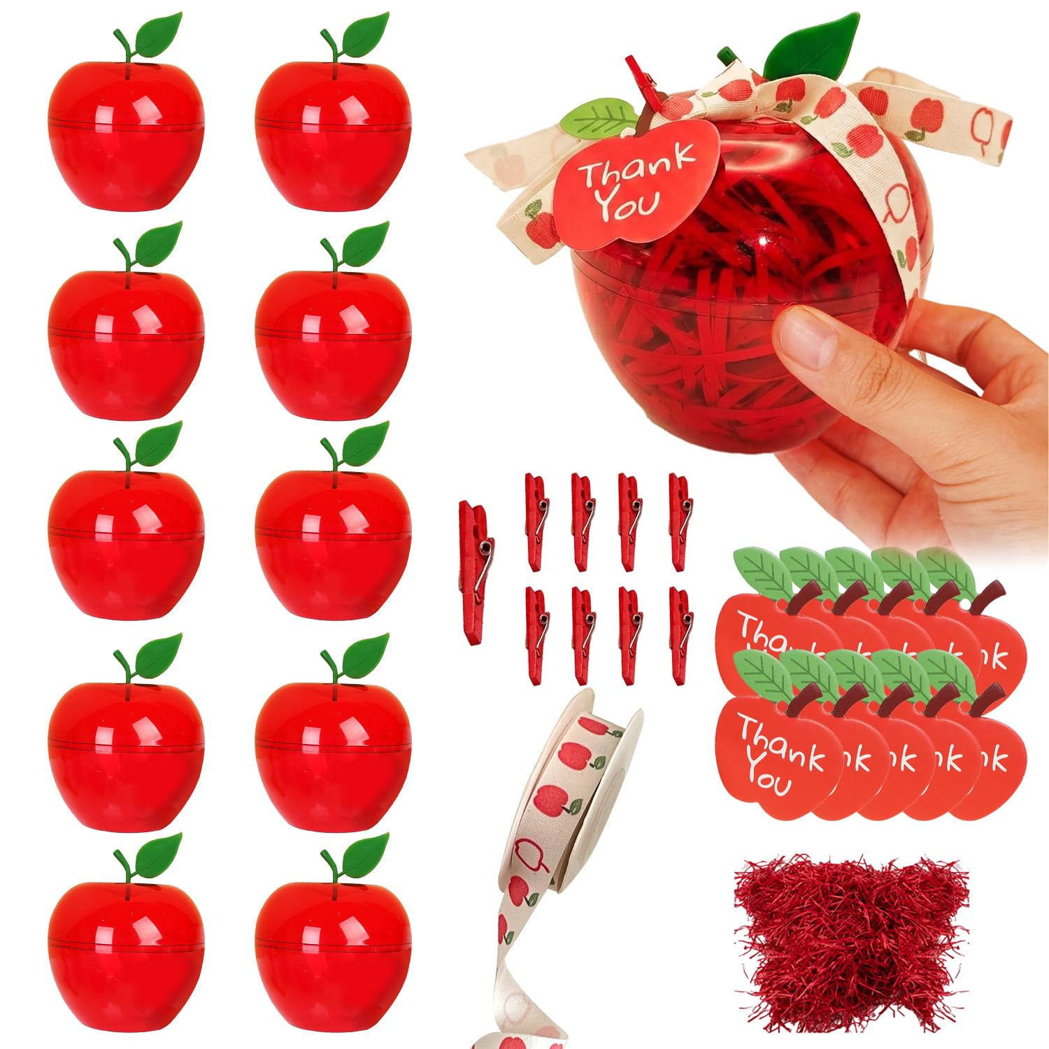 Photo 1 of 10 Sets Large Plastic Apple Containers for Teacher Appreciation Gifts – Red Apple Shaped Candy Jar with Thank You Cards, Apple Ribbon Raffia for Teacher Appreciation Week & Graduation Party Decoration