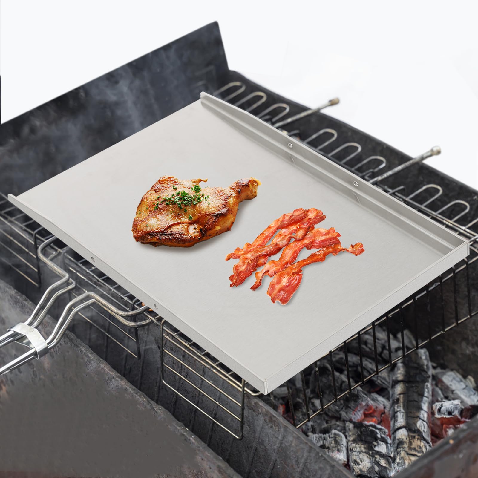 Płyta grillowa, ze stali nierdzewnej Plancha, płyta Teppanyaki z 2 uchwytami, grubość 4 mm, płyta do grilla gazowego i grilla węglowego (49 x 32,5 cm)