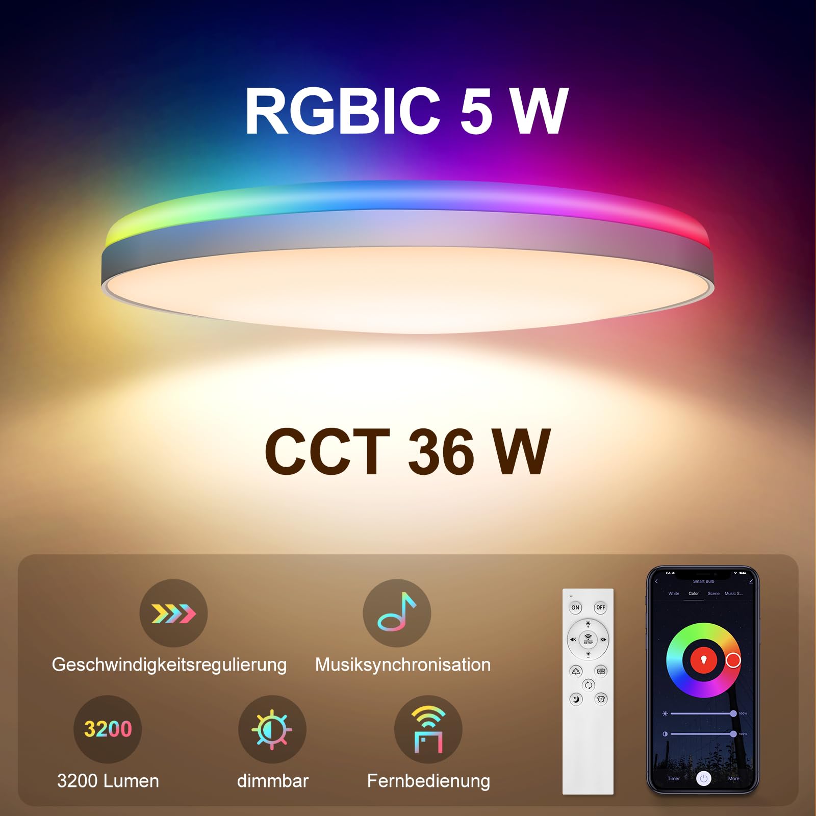 LED Deckenleuchte Dimmbar, 36W Ø30cm Smart RGBIC LED Deckenlampe mit Fernbedienung, Funktioniert mit Alexa & Google Assistant, Deckenleuchten für Schlafzimmer, Wohnzimmer