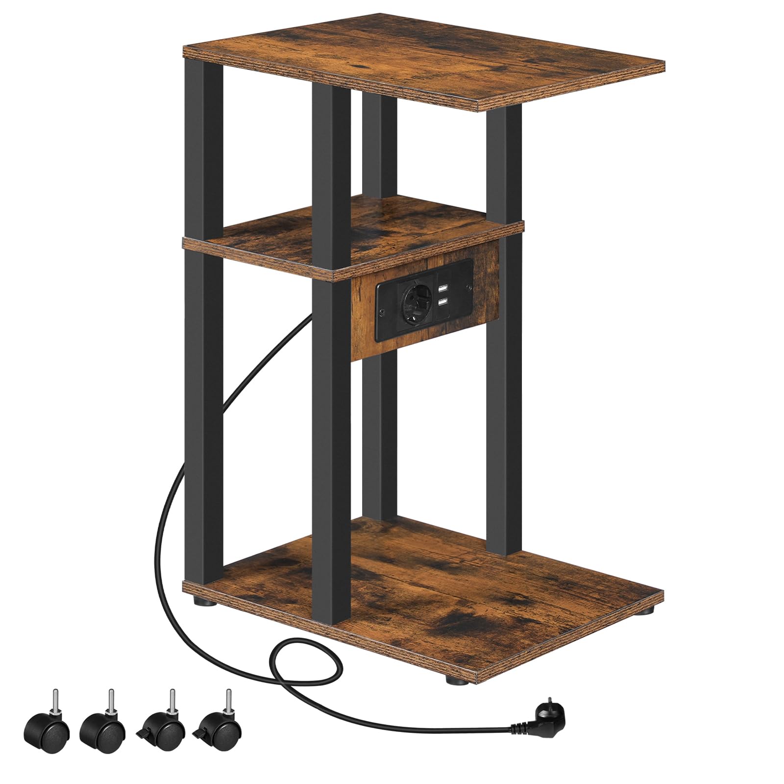 HOOBRO Mesa Auxiliar en Forma de C, Mesa de Sofá con Base de Carga, Mesa de Café para Espacios Reducidos, para Salón, Dormitorio, Marrón Vintage y Negro EBF66CSF01