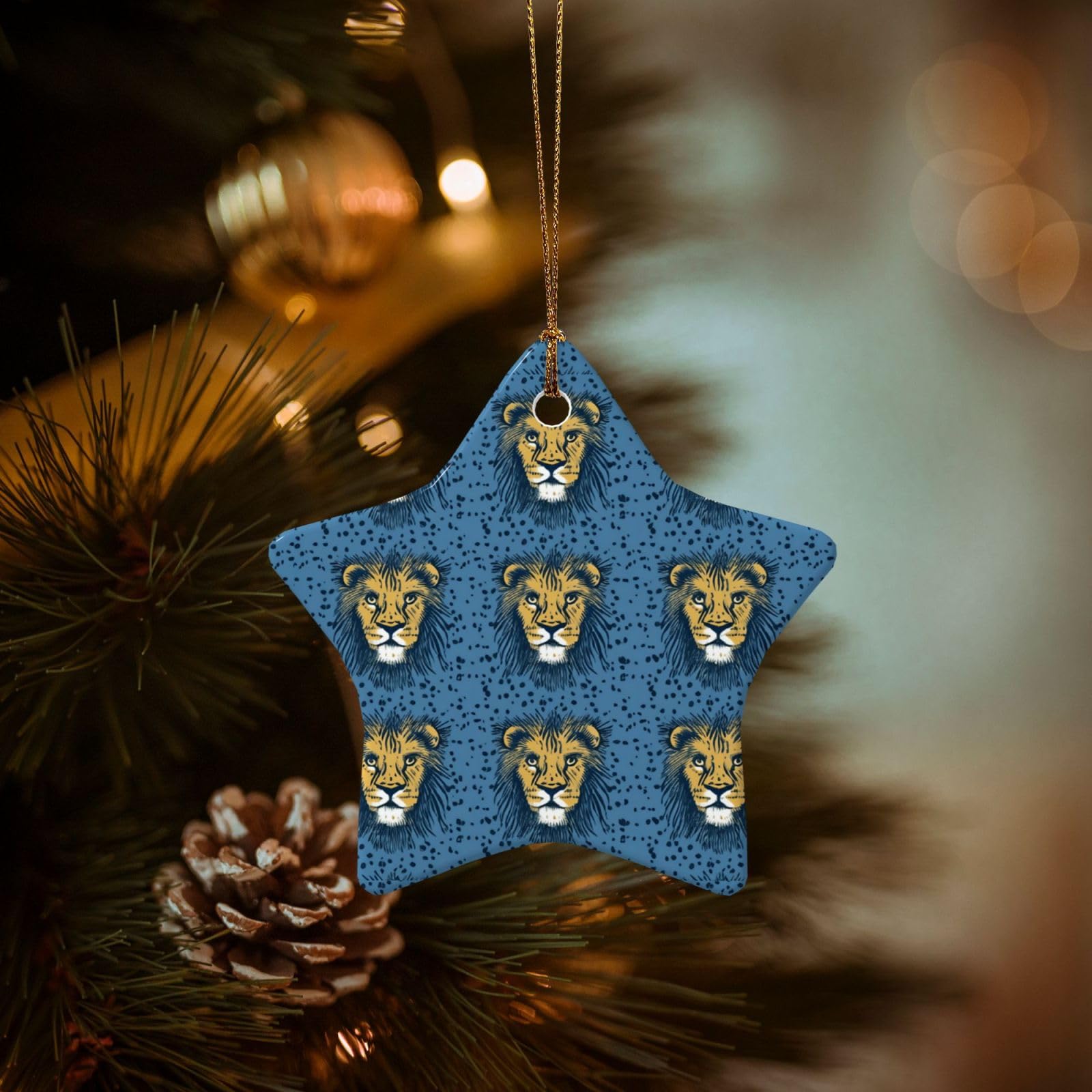 Christmas Ornaments for Christmas Tree Decoration Hanging Lion Lions Head Lion Kids Blue Ornament with Gold Ribbon Crafts Star Shape Ceramic Pendant for Keepsake Gifts Xmas Decor Party Supplies