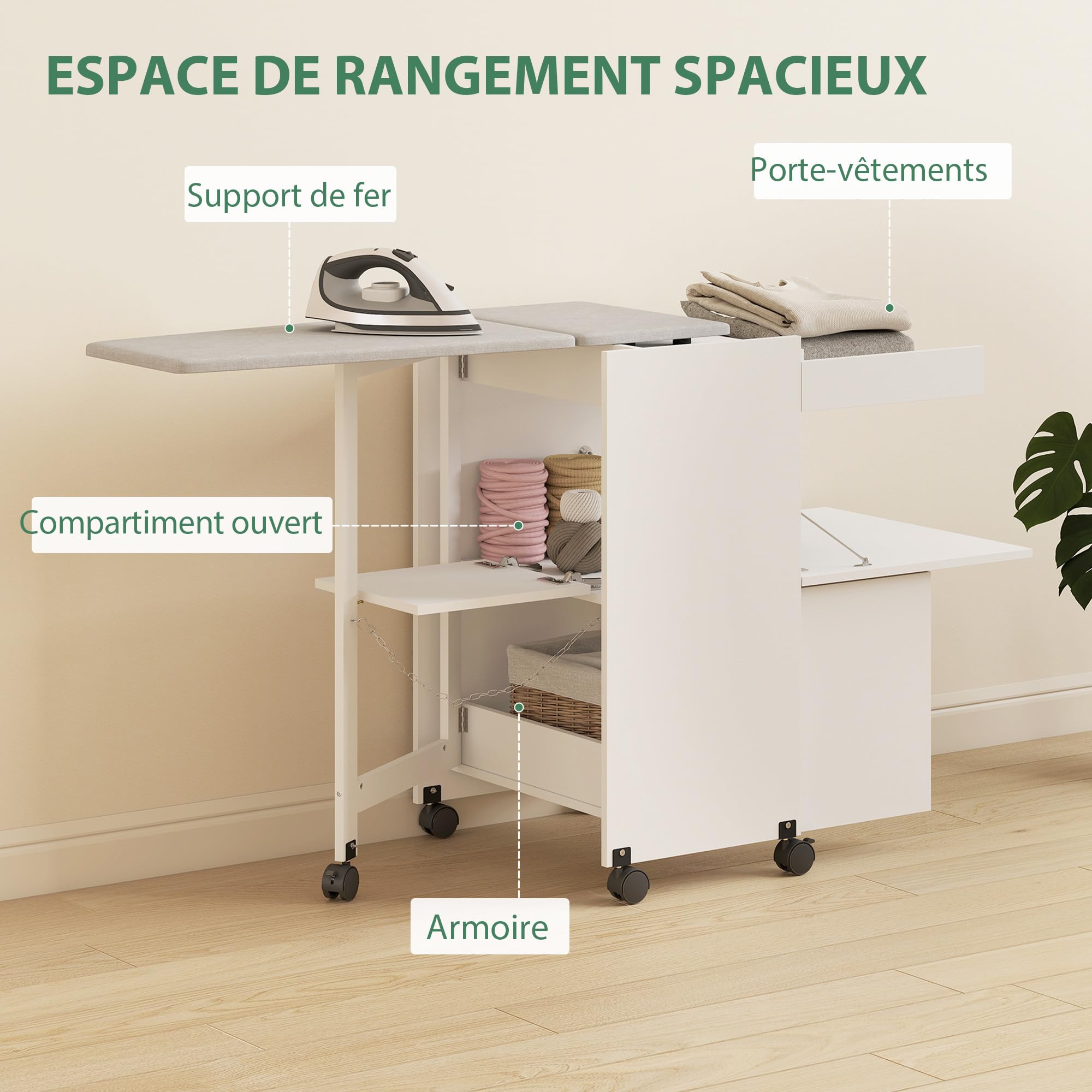 HOMCOM Meuble à Repasser Pliante sur roulettes 154x55x87cm Blanc | Table à Repasser avec Repose-Fer, Portes par Pression, Charnières à Fermeture Douce, pour Petits Espaces, Buanderie