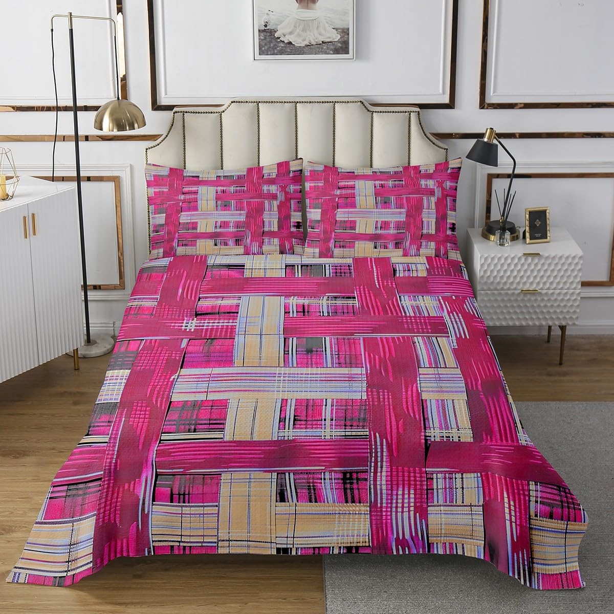 Erosebridal Abstract Geometric Bedspread Set King,Modern Hot Pink and Yellow Striped Bedding Set for Kids Boys Girls,Rustic Farmhouse Bed Set,Vintage Plaid Coverlet Set Cabin Lodge Decor