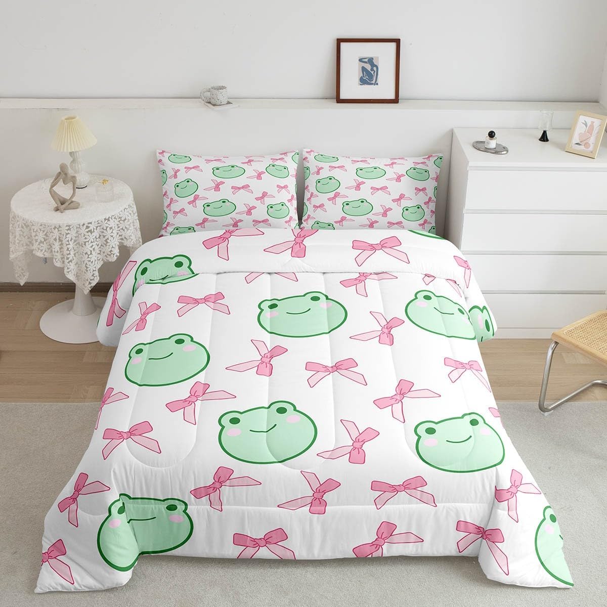 Manfei ピンク 蝶結び 掛け布団セット ツインサイズ、カートゥーン カエル 蝶ネクタイ 蝶結び プリンセス 寝具セット、女の子