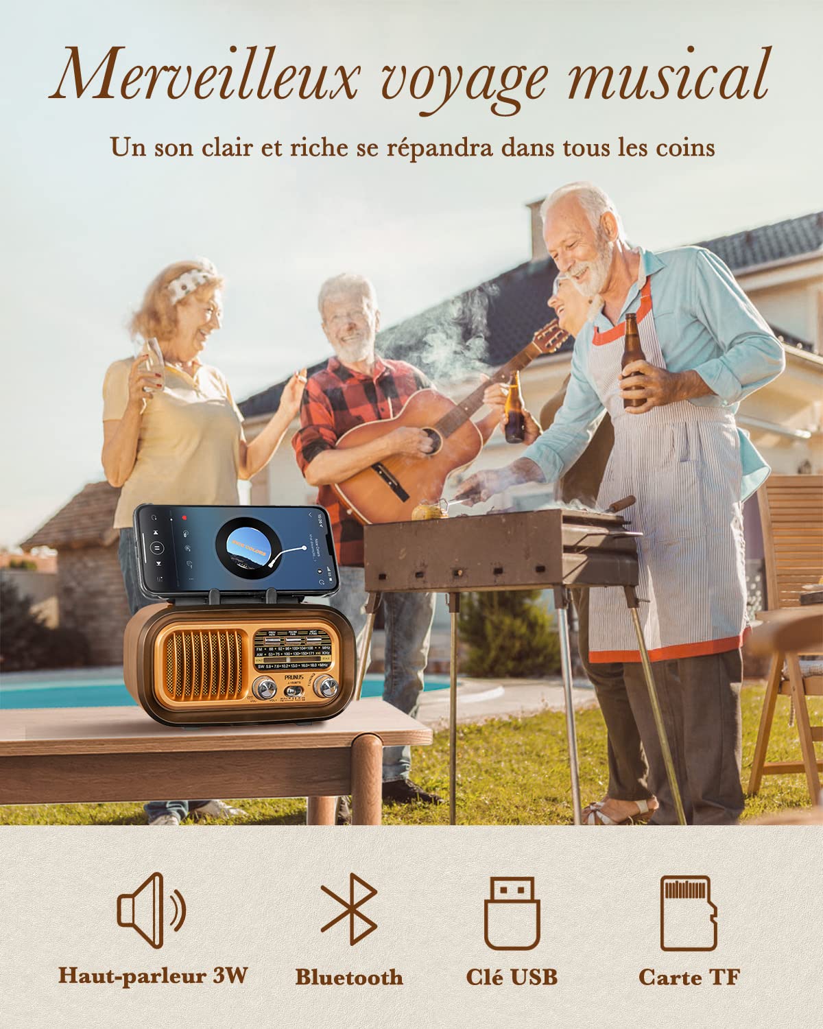 Poste Radio Vintage, PRUNUS J-150 AM/FM/SW Radio Portable Rechargeable avec Batterie 1200mAh et Piles D, Transistor Radio Bluetooth avec Panneau Solaire, Compatible USB/TF
